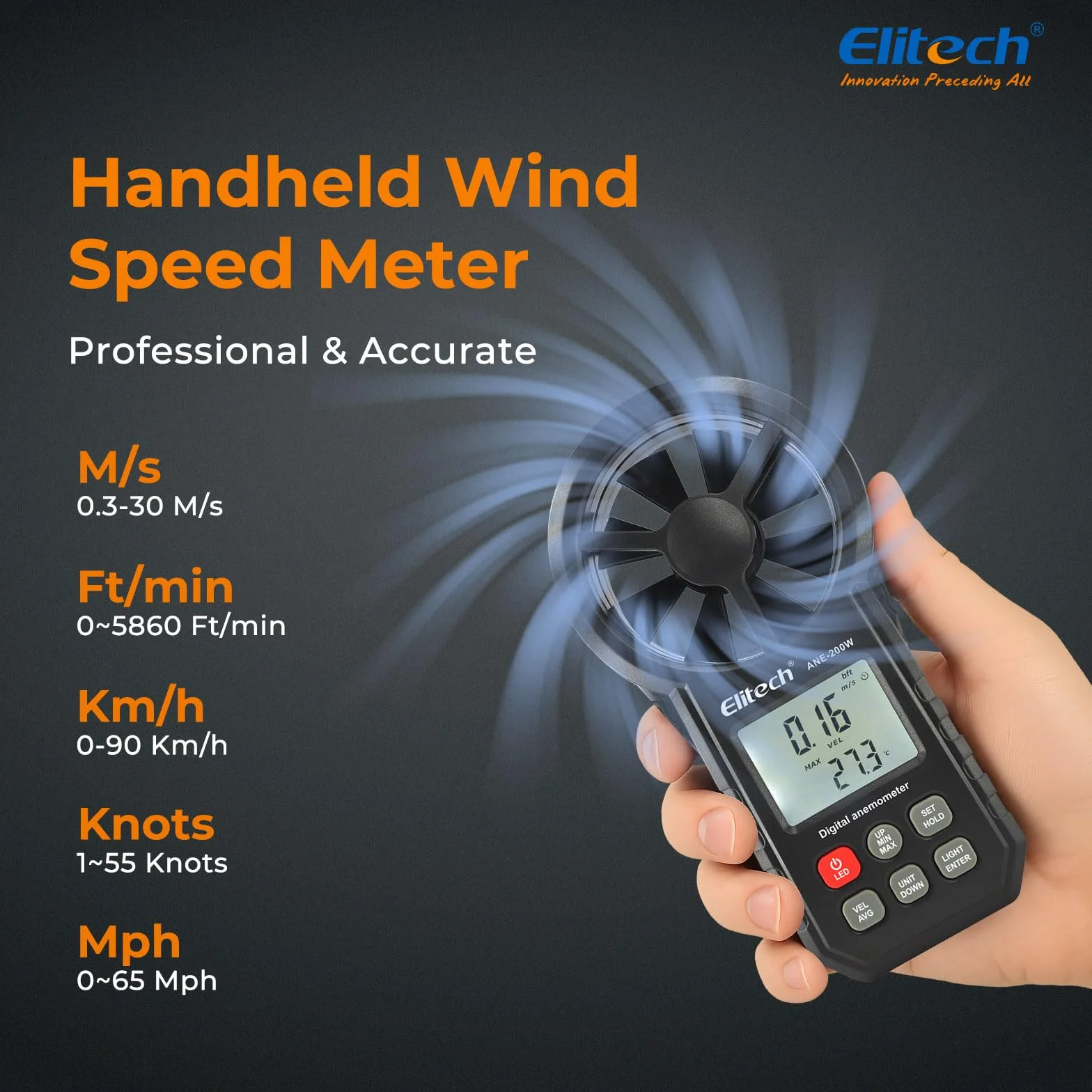 Elitech Anemómetro Digital ANE-200W Medidor Velocidad Viento Temperatura HVAC Flujo Aire CFM CMM Bluetooth USB