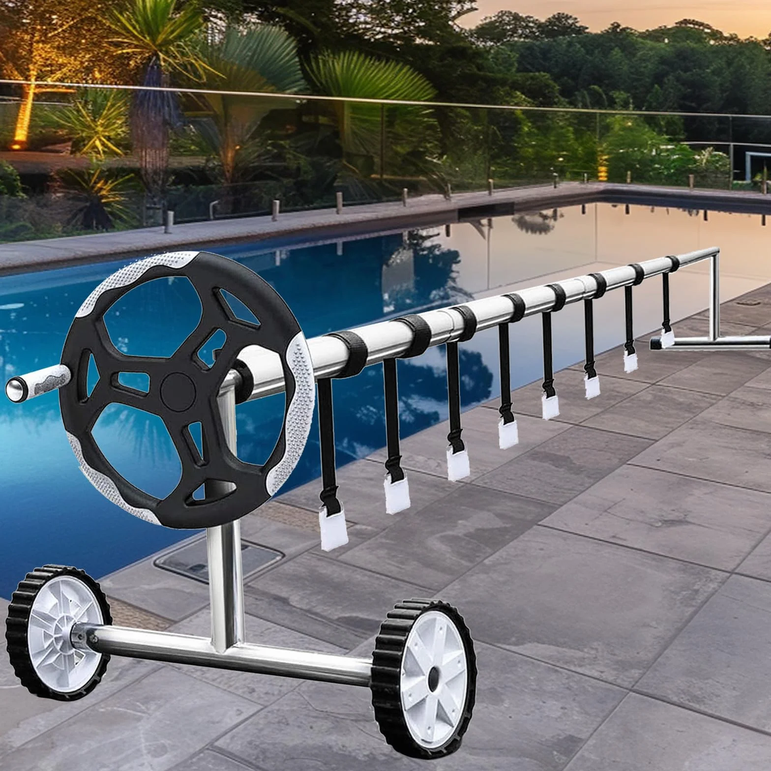 Bandas de sujeción para piscina, juego de 8 con pinzas y hebillas, enrollador y cubierta