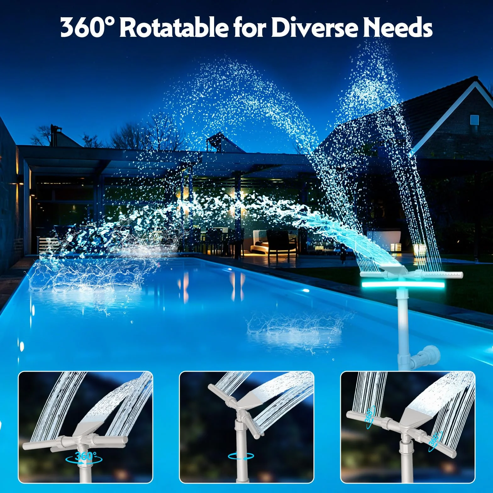 Cascada Solar para Piscina LED 9 Colores Aspersor Fuente 2 en 1 Doble Cabeza Ajustable Mando a Distancia