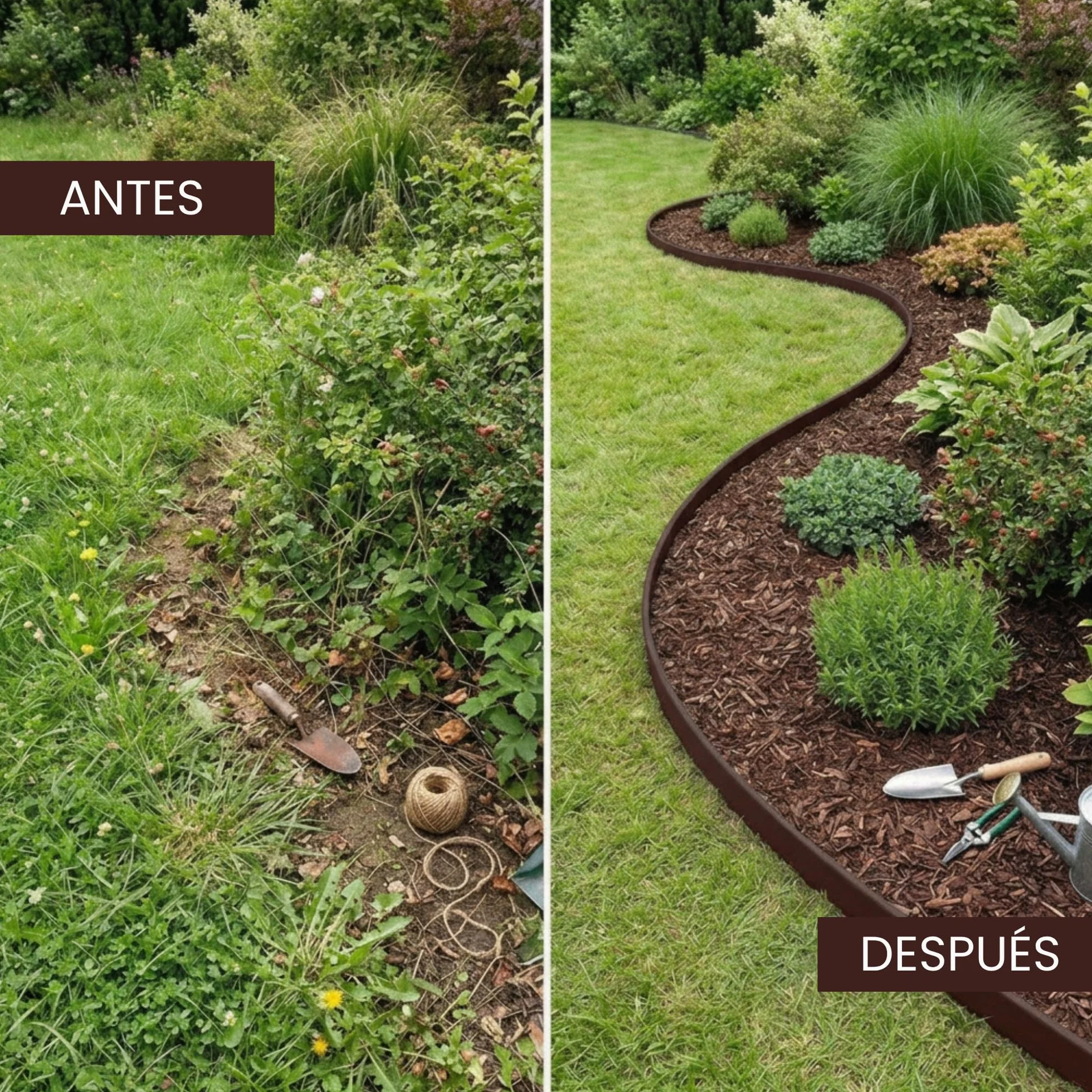 Bordura Jardín Exterior 10 m Flexible Borde Plástico Resistente 5 mm con 30 Piquetas Marrón