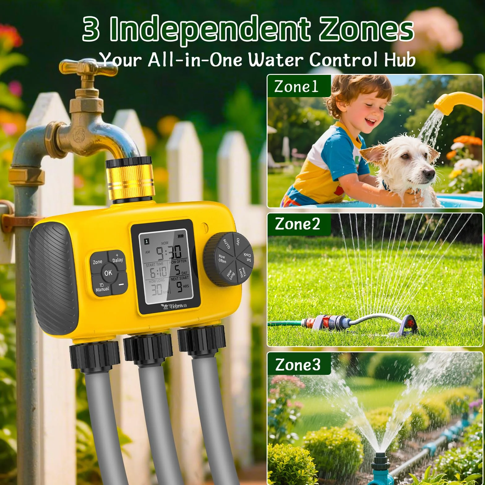 Programador de Riego Automático 3 Salidas IP65 Pantalla LCD Retardo de Lluvia