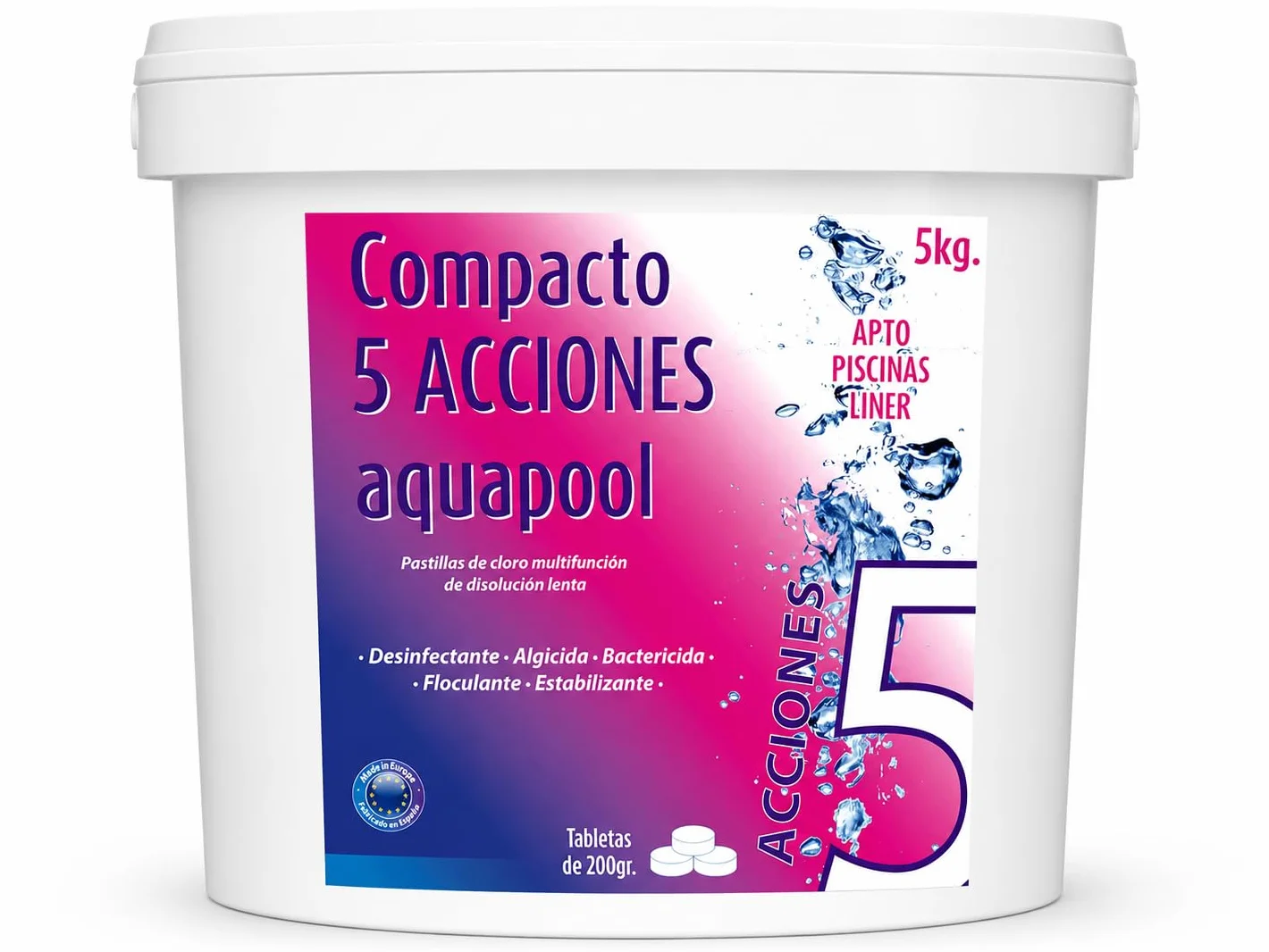 Compacto 5 ACCIONES AQUAPOOL Pastillas de Cloro multifunción 5 KG Disolución Lenta Piscinas Liner