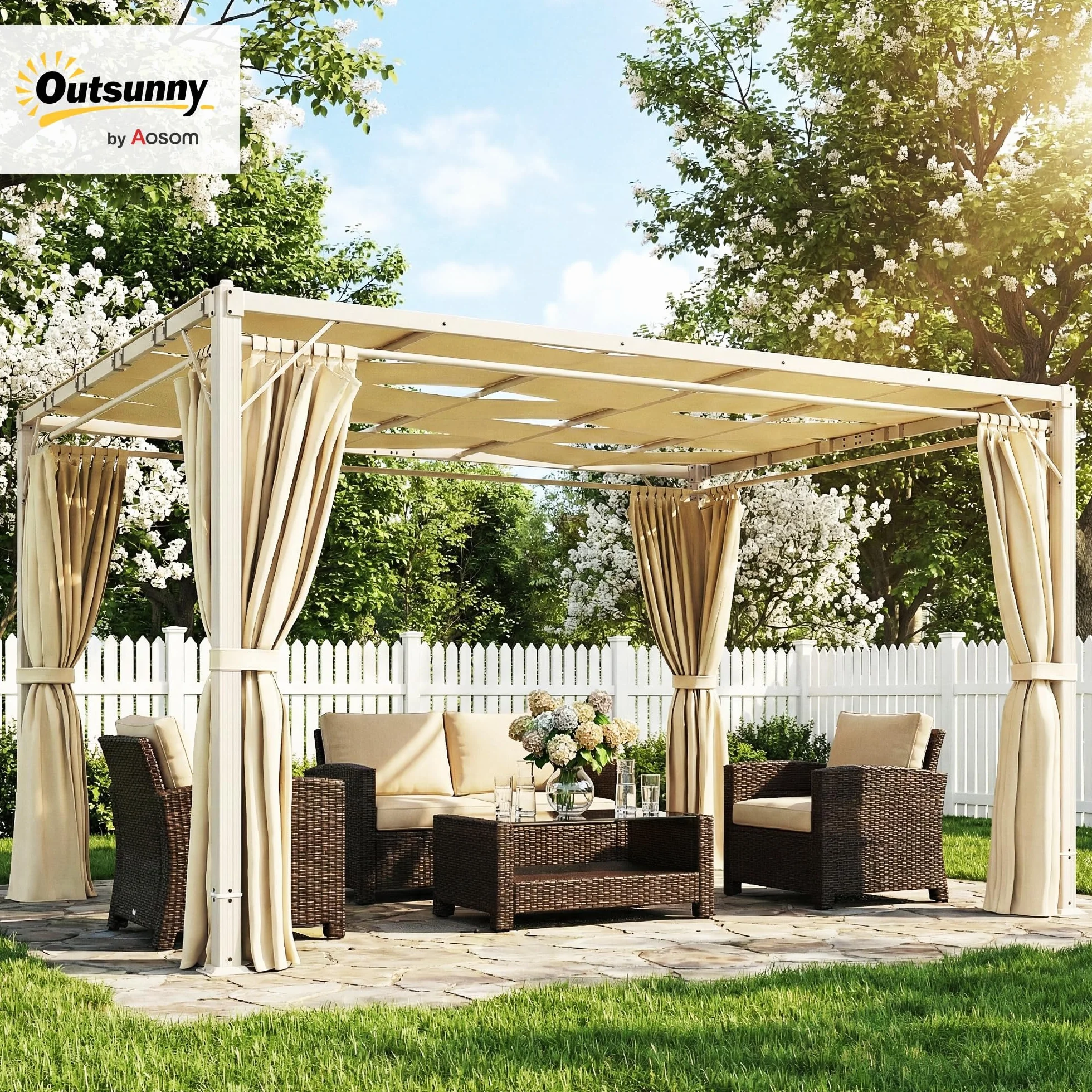 Outsunny Pérgola de Jardín 3x4 m Cenador con Techo Ondulado, Cortinas Desmontables, Estructura Acero, Protección UPF50+, Beige