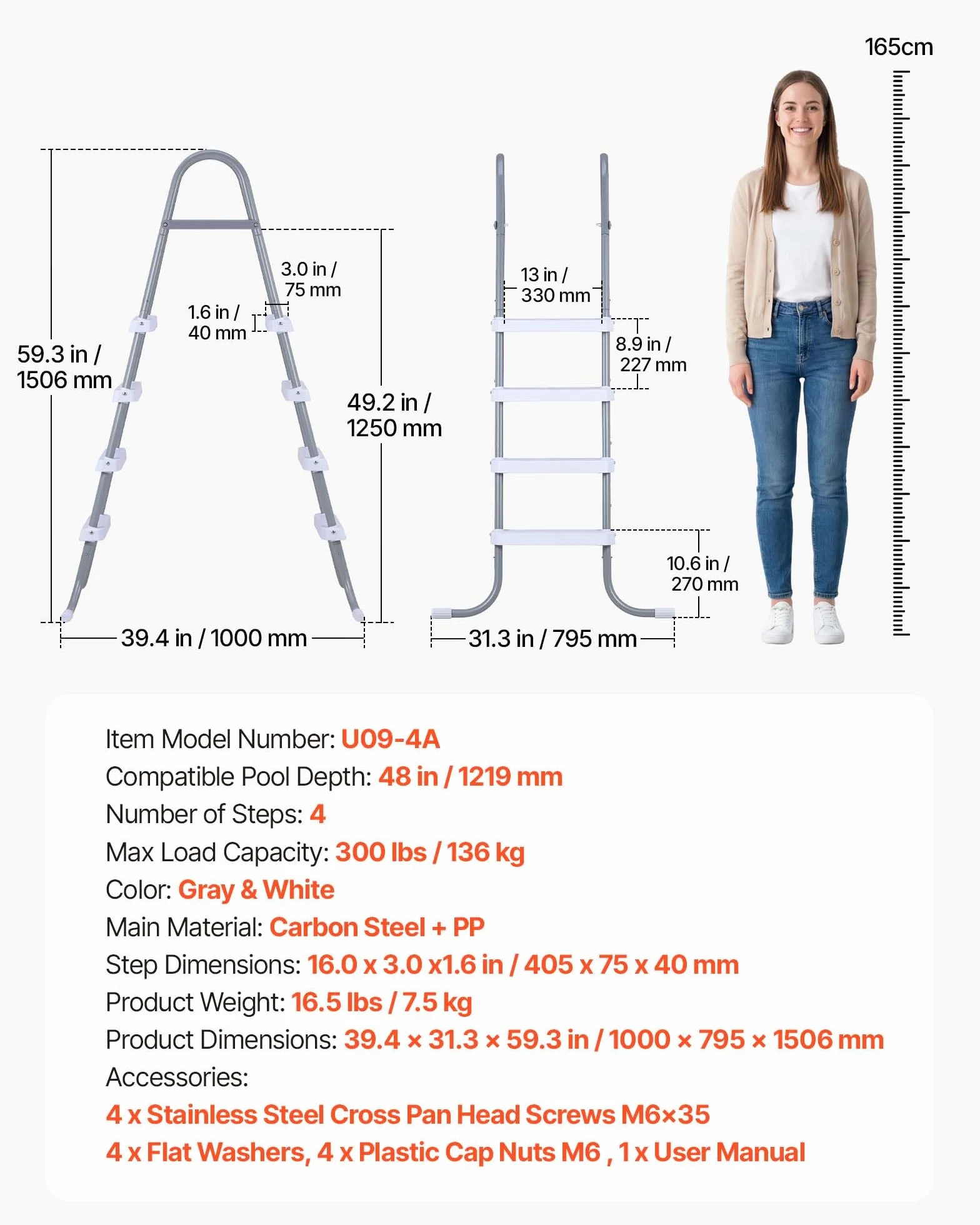 VEVOR Escalera Piscina 4 Peldaños 136kg Acero Carbono Antideslizante 121,9cm