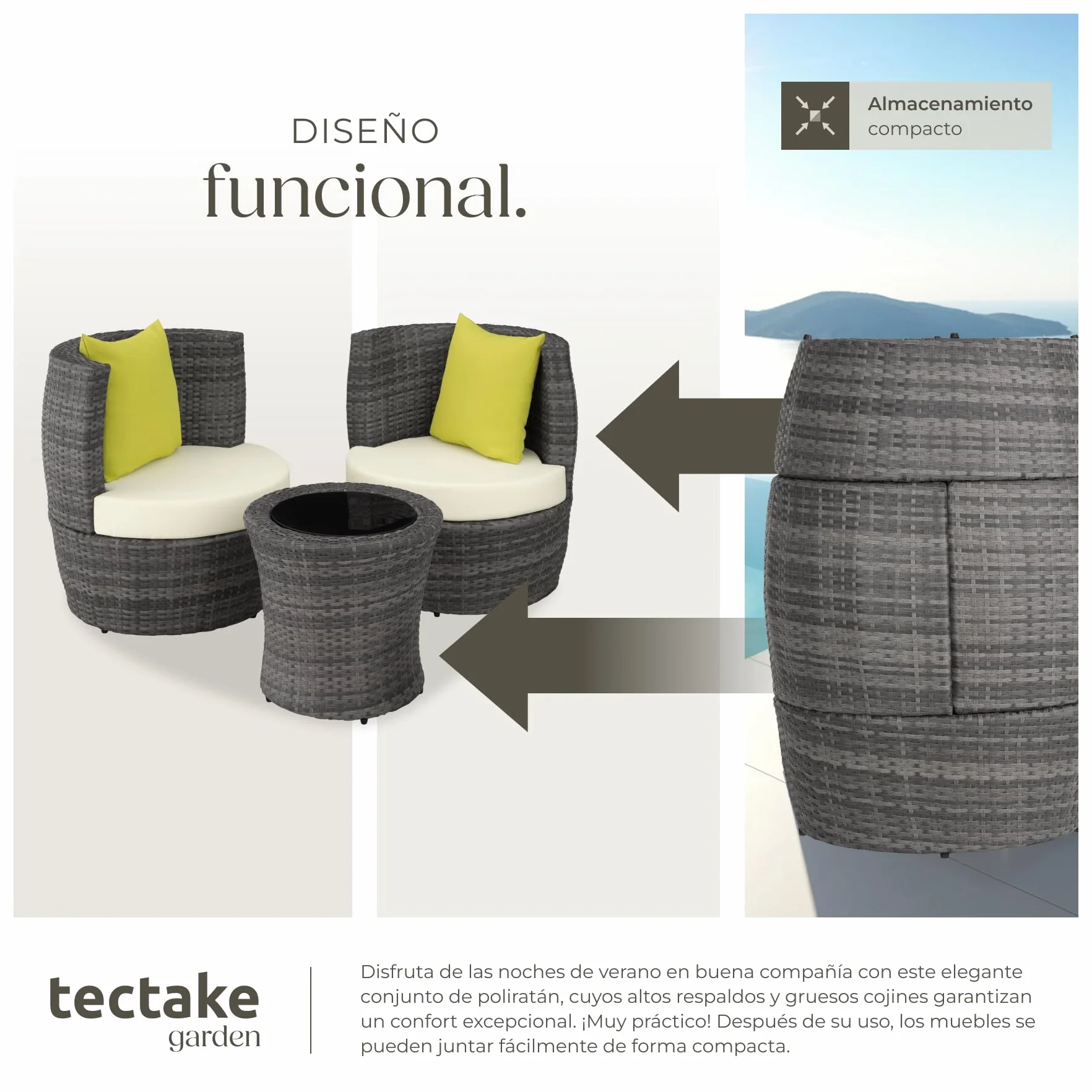 tectake® Conjunto Jardín Exterior de Ratán y Aluminio, Muebles Jardín Exterior Resistente a la Intemperie, 2 Sillas con Cojines, Mesa Cristal, Compacto, Asas en Respaldo Compacto - Gris
