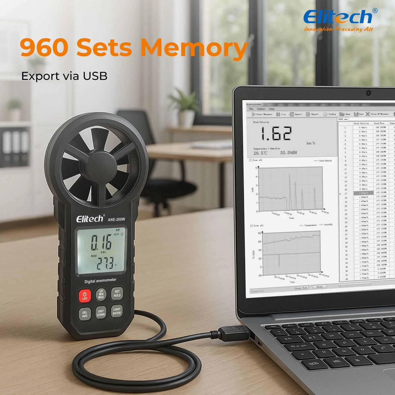 Elitech Anemómetro Digital ANE-200W Medidor Velocidad Viento Temperatura HVAC Flujo Aire CFM CMM Bluetooth USB