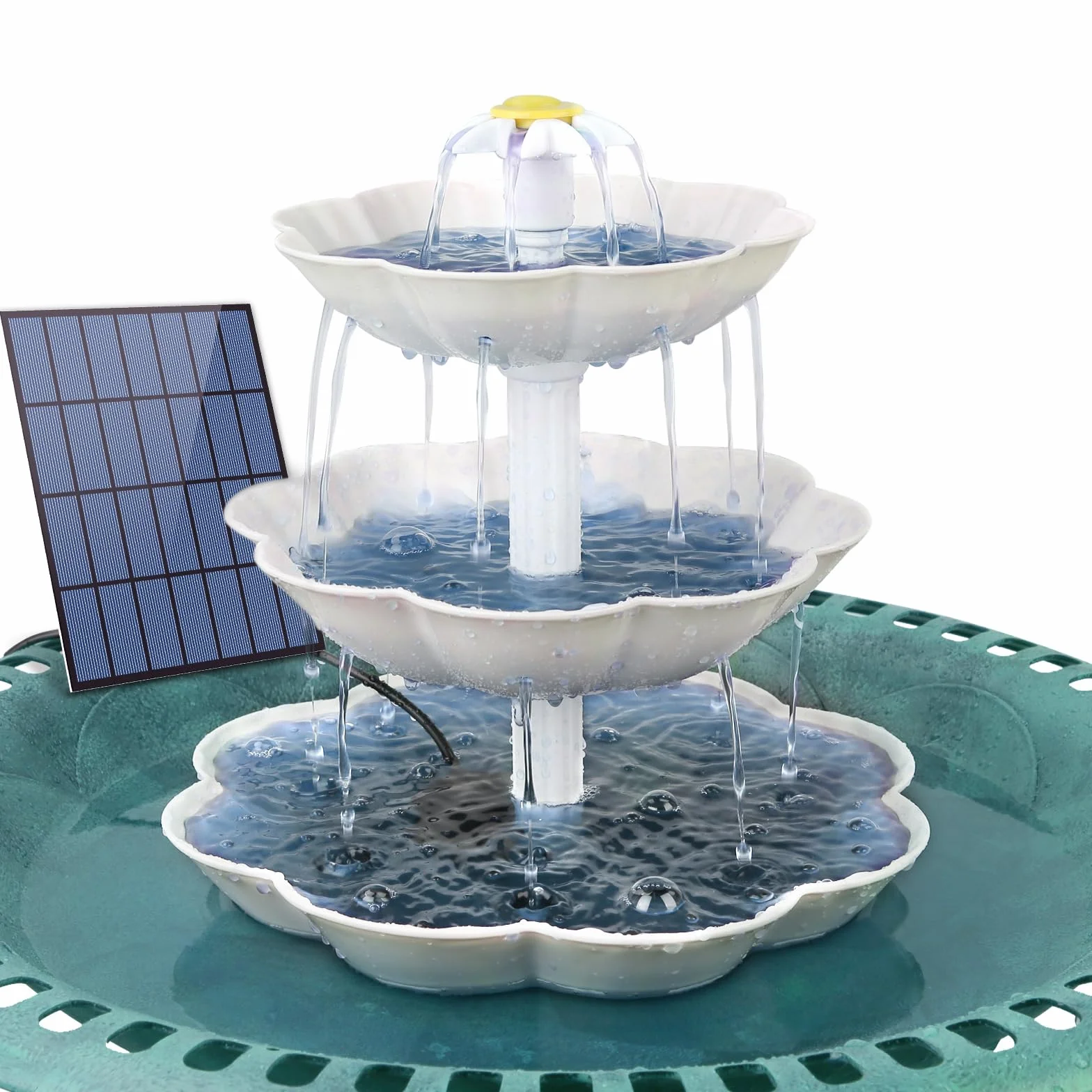 AISITIN Fuente decorativa de bricolaje, juego de bebedero para pájaros con fuente solar de 3,5 W, comedero para pájaros de 3 niveles, para exteriores, baño de pájaros y fuente solar DIY, extraíble y
