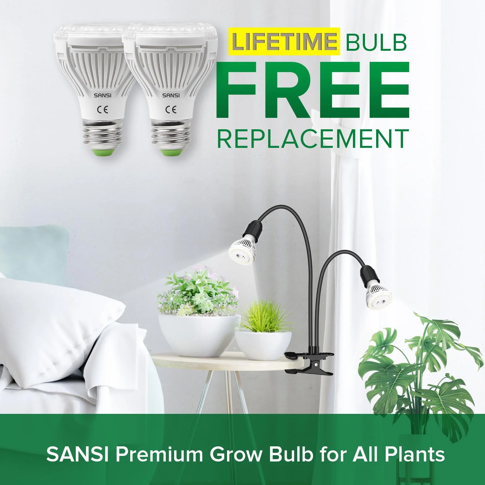 SANSI Lámpara LED Cultivo 300W Espectro Completo 2 Cabezal Ajustable Tecnología Cerámica Clip Negro