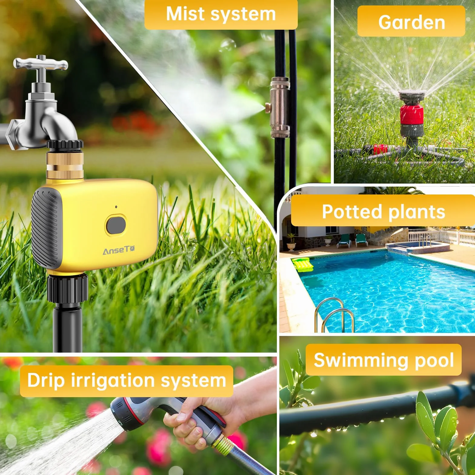 Programador de Riego WiFi con Concentrador, Entrada de Latón, Temporizador Automático de Riego con Retardo por Lluvia para Jardín Invernadero Césped