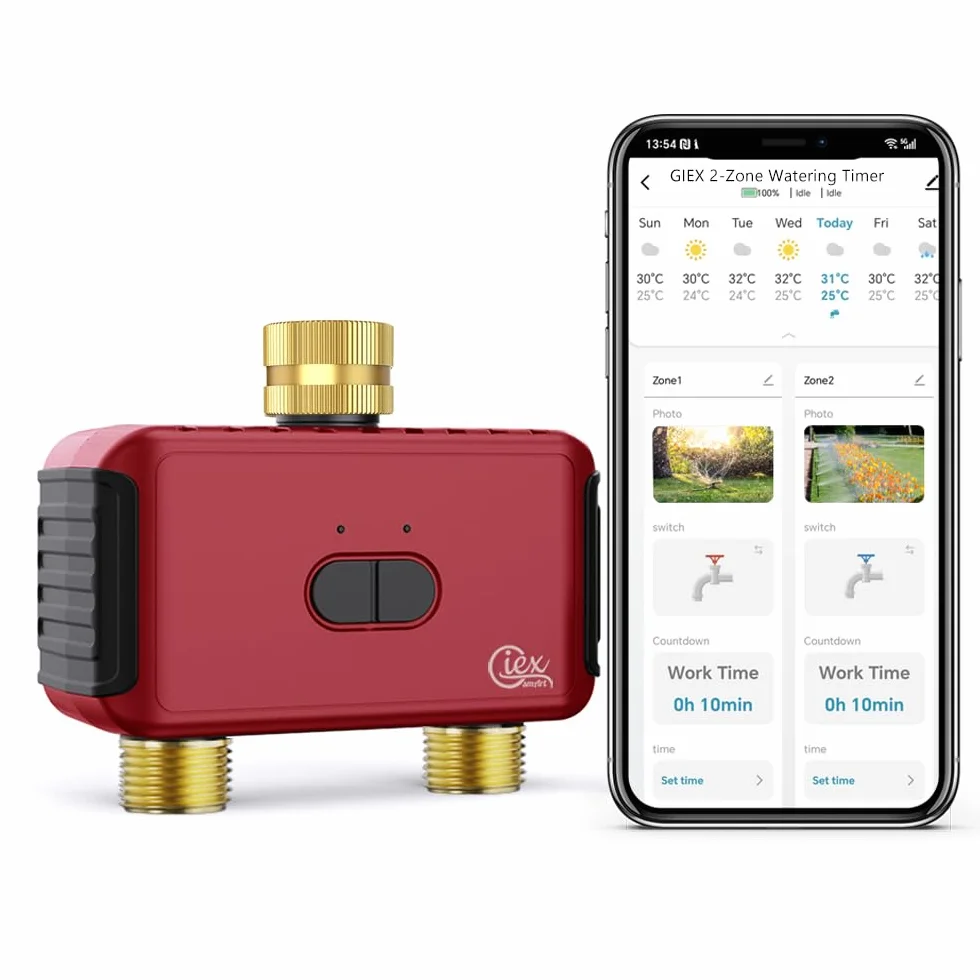 GIEX Temporizador de Riego WiFi 2 Zonas, Controlador Inteligente para Manguera de Jardín, Compatible con Tuya y Smart Life