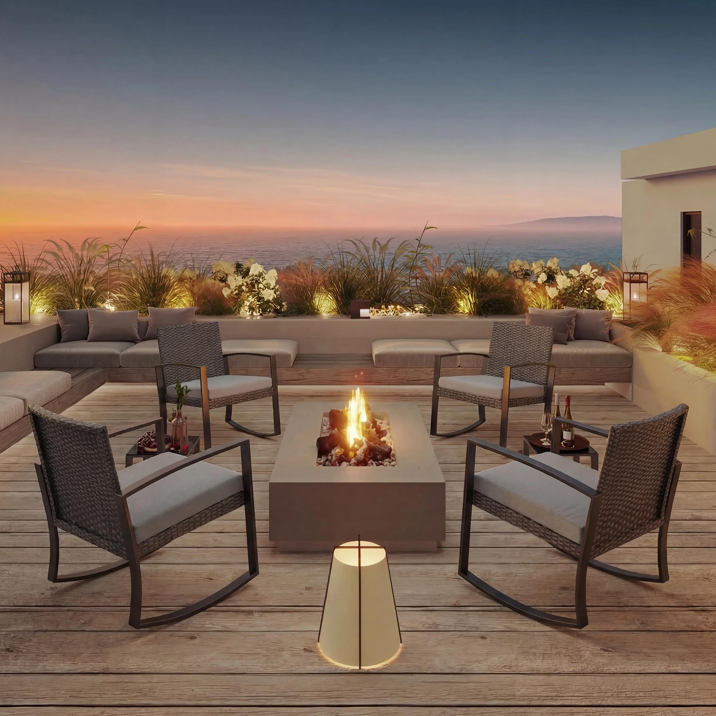 Bealife Conjunto Muebles de Jardín 3 Piezas, 2 Sillas Mecedoras de Ratán Sintético con Cojines y 1 Mesa Auxiliar, Juego de Balcón, Terraza y Patio, Exterior Resistente a la Intemperie (Gris)