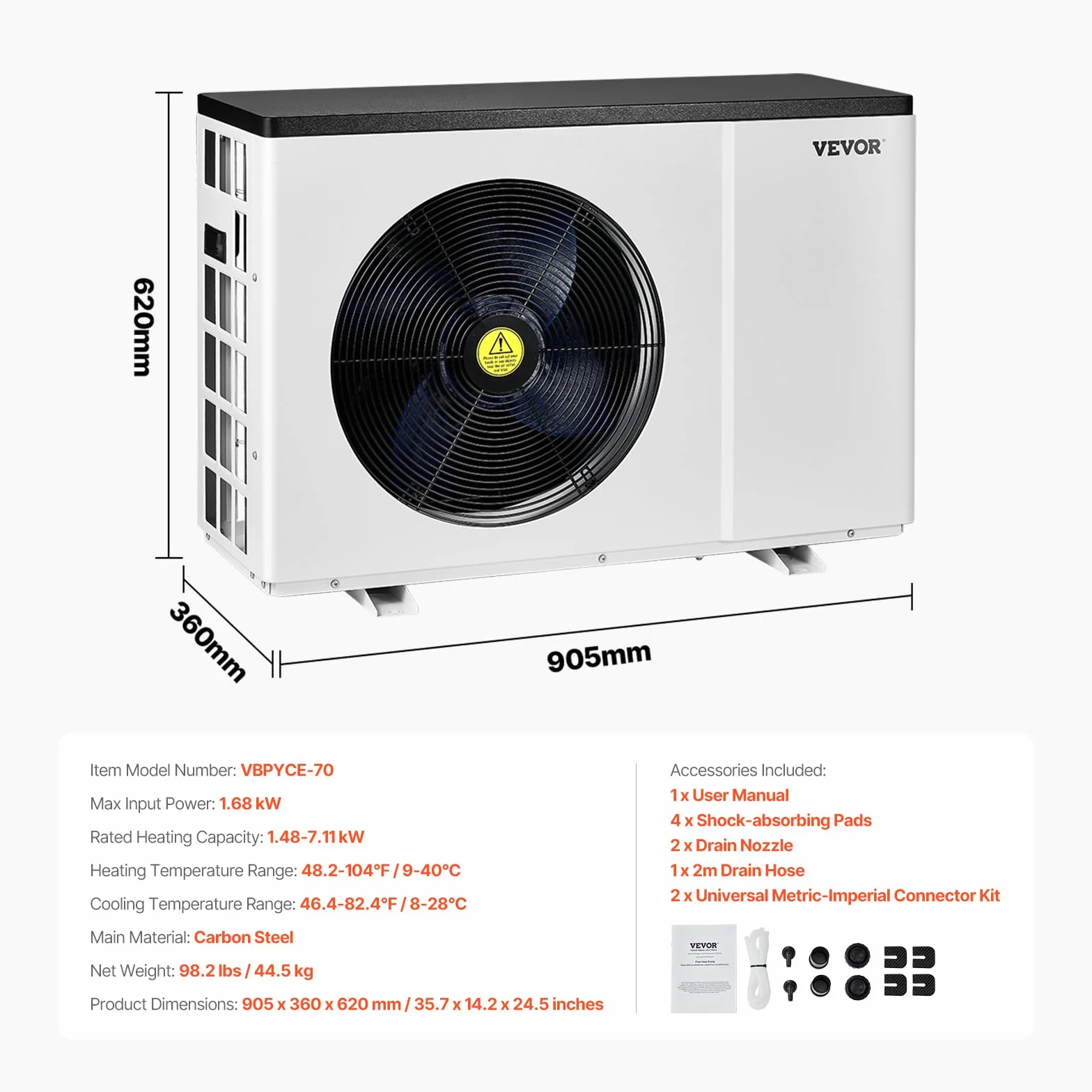 VEVOR Bomba de Calor Eléctrica para Piscina 1,48-7,11 kW 220-240 V 50 Hz 905 x 360 x 620 mm