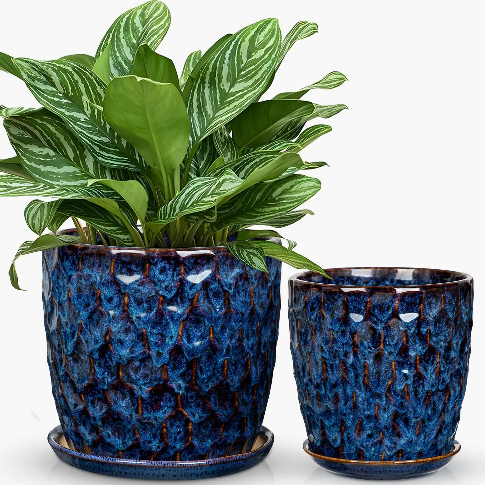 Juego de 2 macetas de cerámica esmaltada azul para interiores con drenaje y platillo, maceta decorativa de cerámica para plantas de interior, suculentas, cactus, macetas modernas de interior