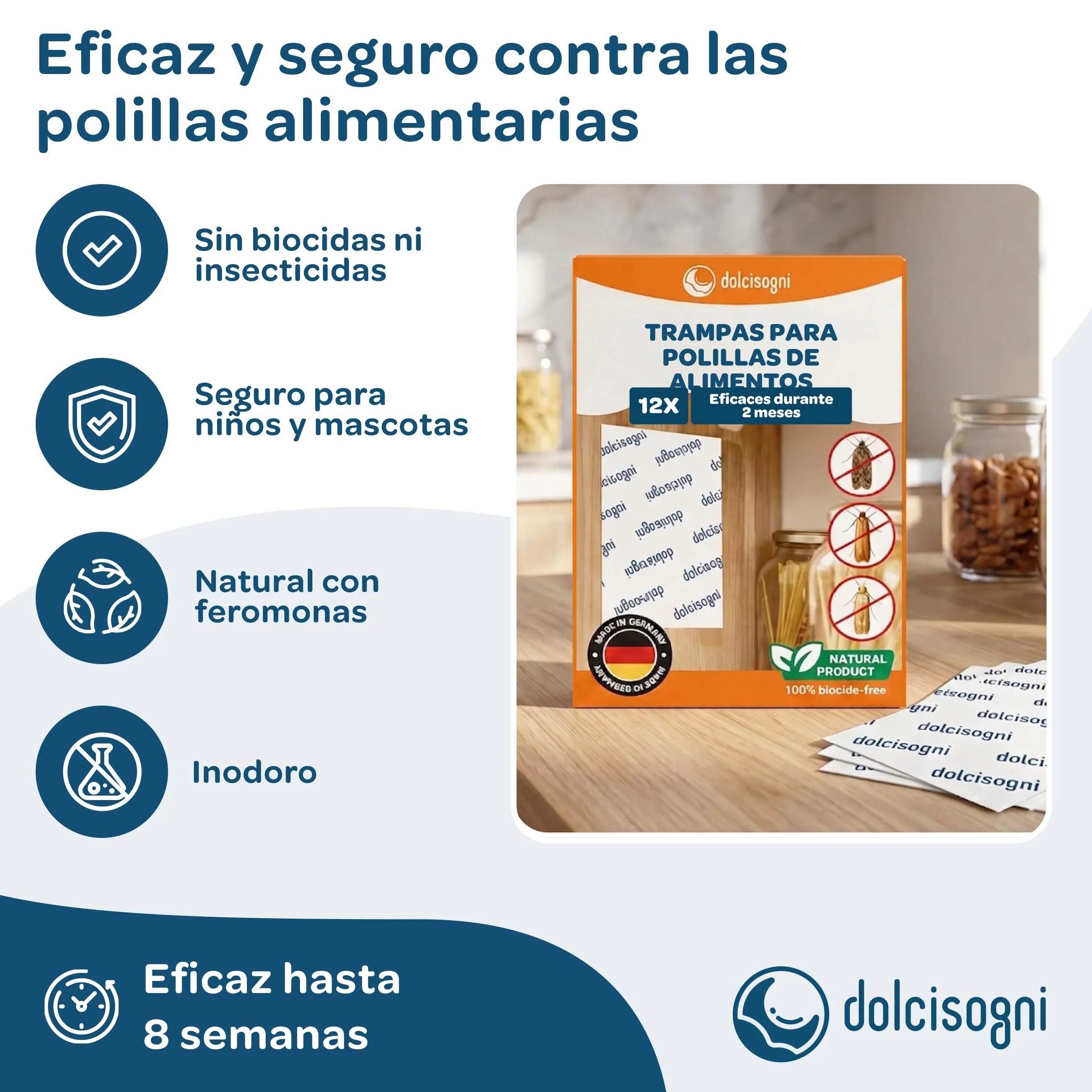 DOLCI SOGNI Trampa Polillas Alimentos 12 Hojas Antipolillas sin Biocidas Made in Germany Trampa Adhesiva Feromonas