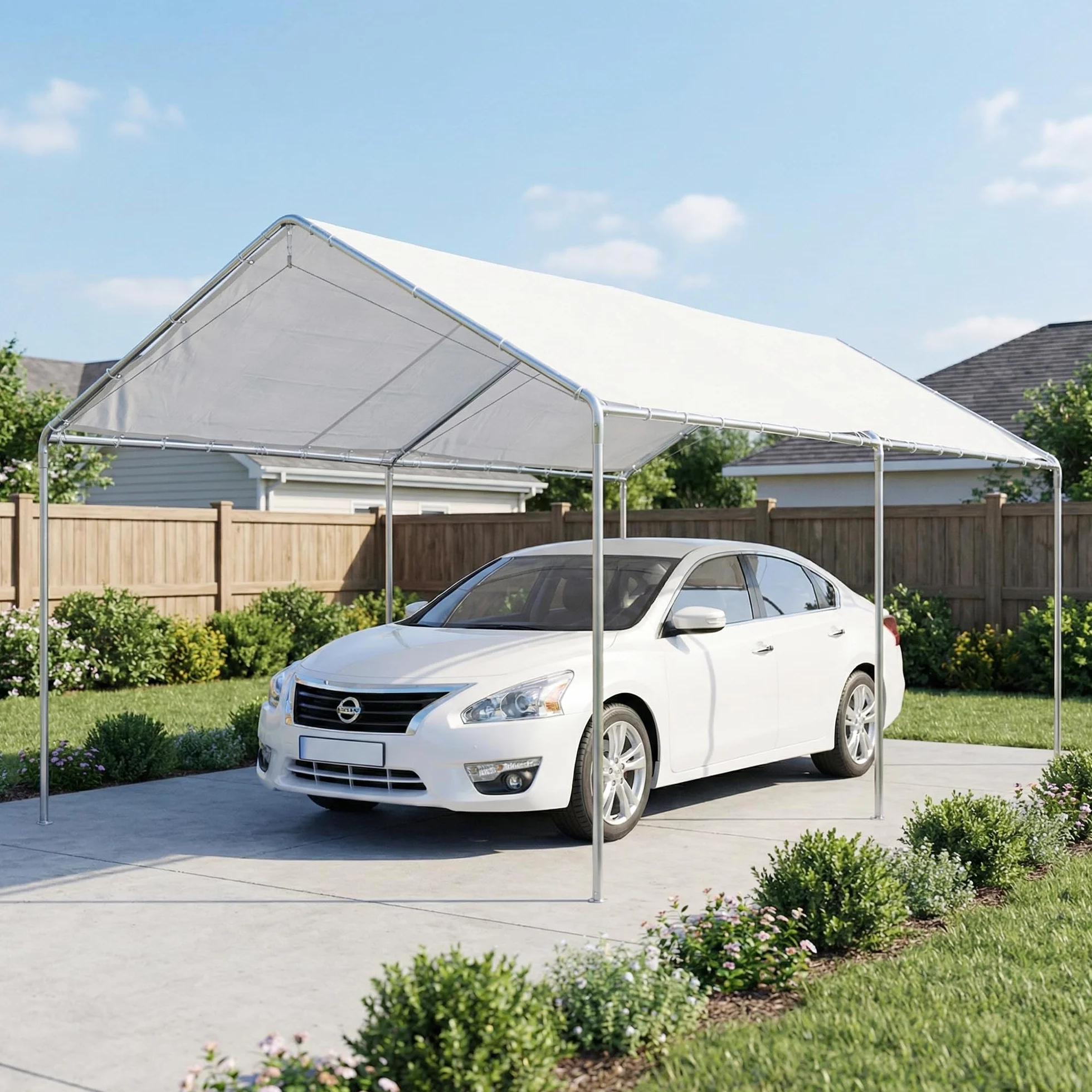 Outsunny Carpa Garaje 3x6 m Cochera Exterior Portátil Impermeable Anti-UV Marco Acero Galvanizado Blanco
