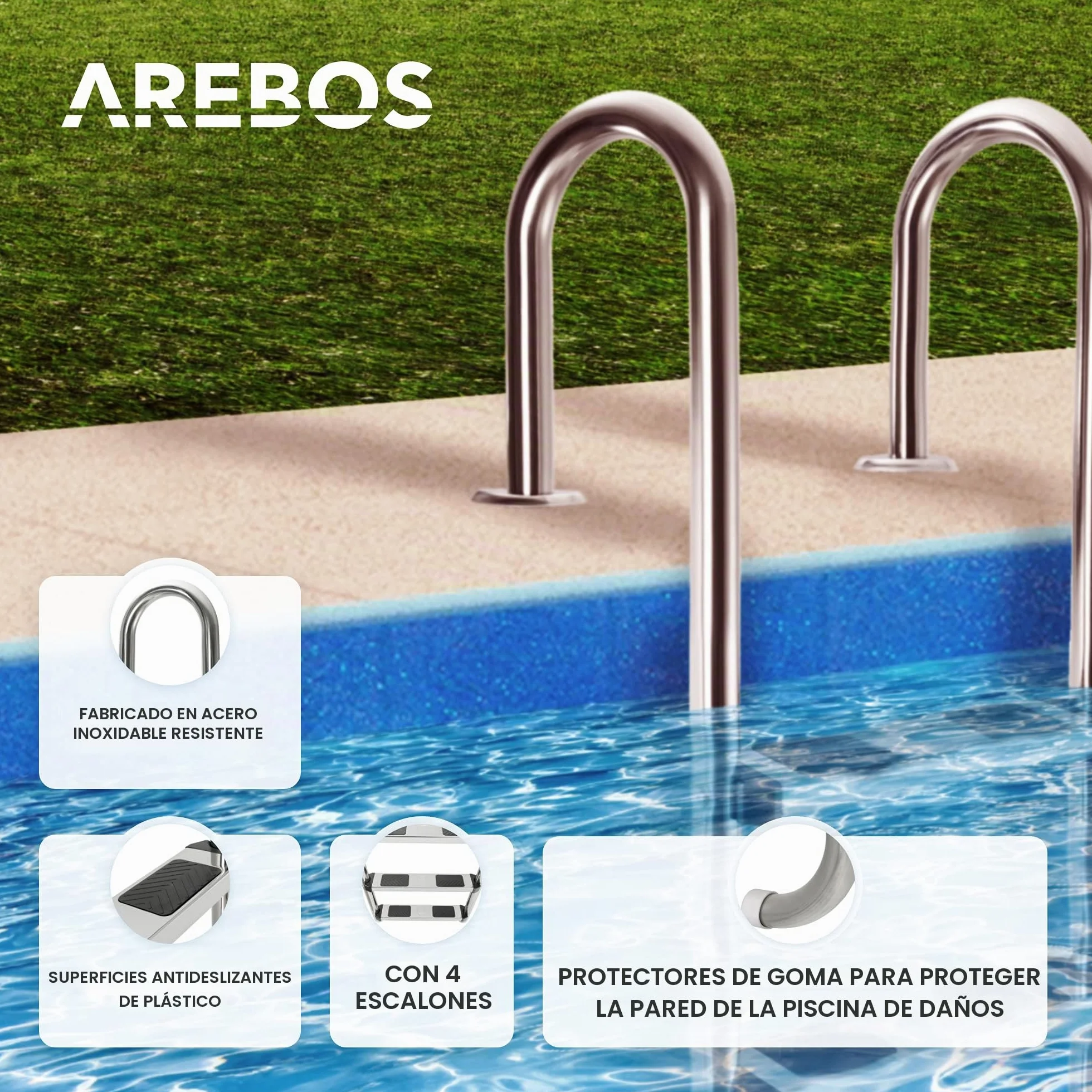 Arebos Escalera para Piscina Acero Inoxidable 4 Peldaños Antirutschpads