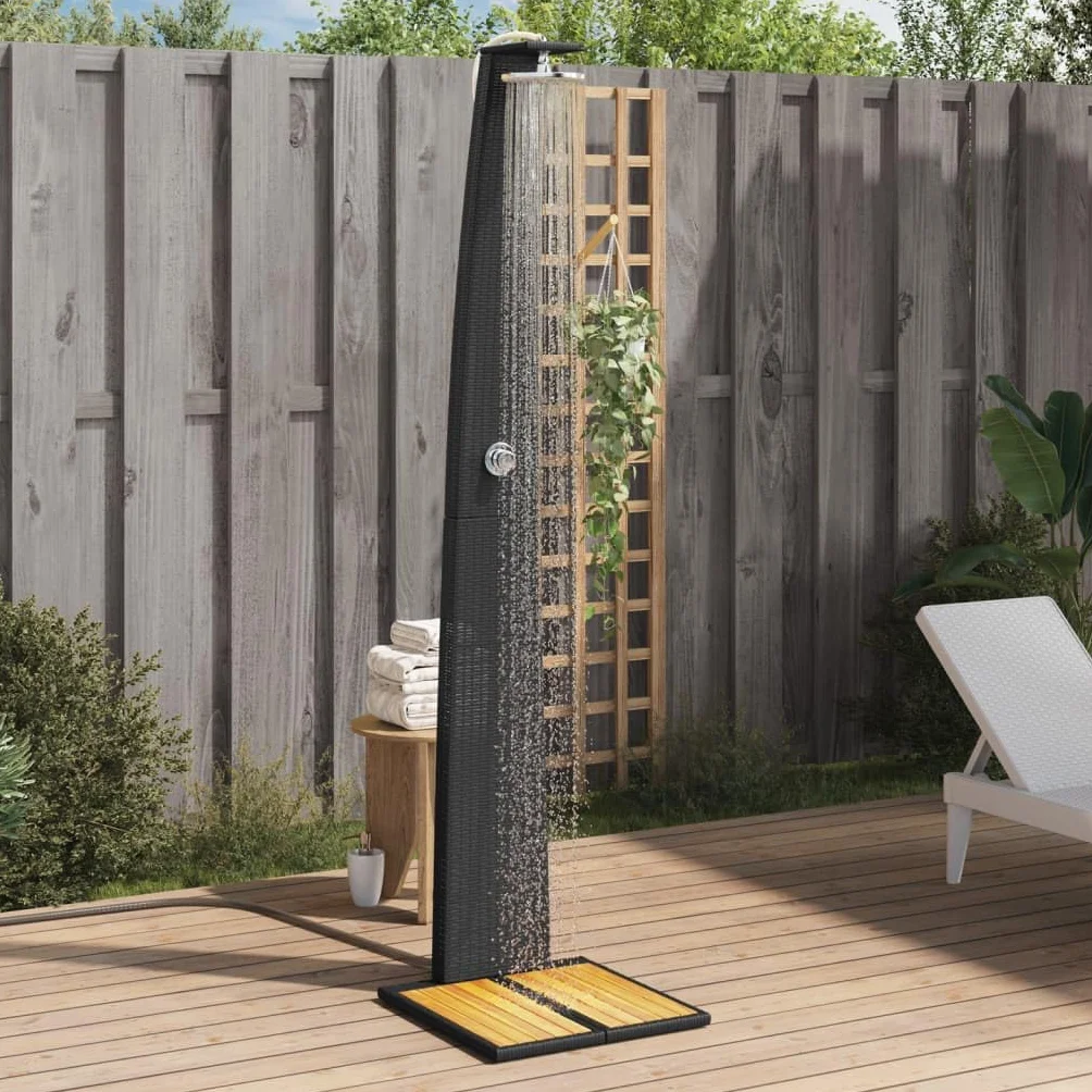 vidaXL Ducha Exterior con Rociador Giratorio, Ratán PE y Madera Acacia Negro