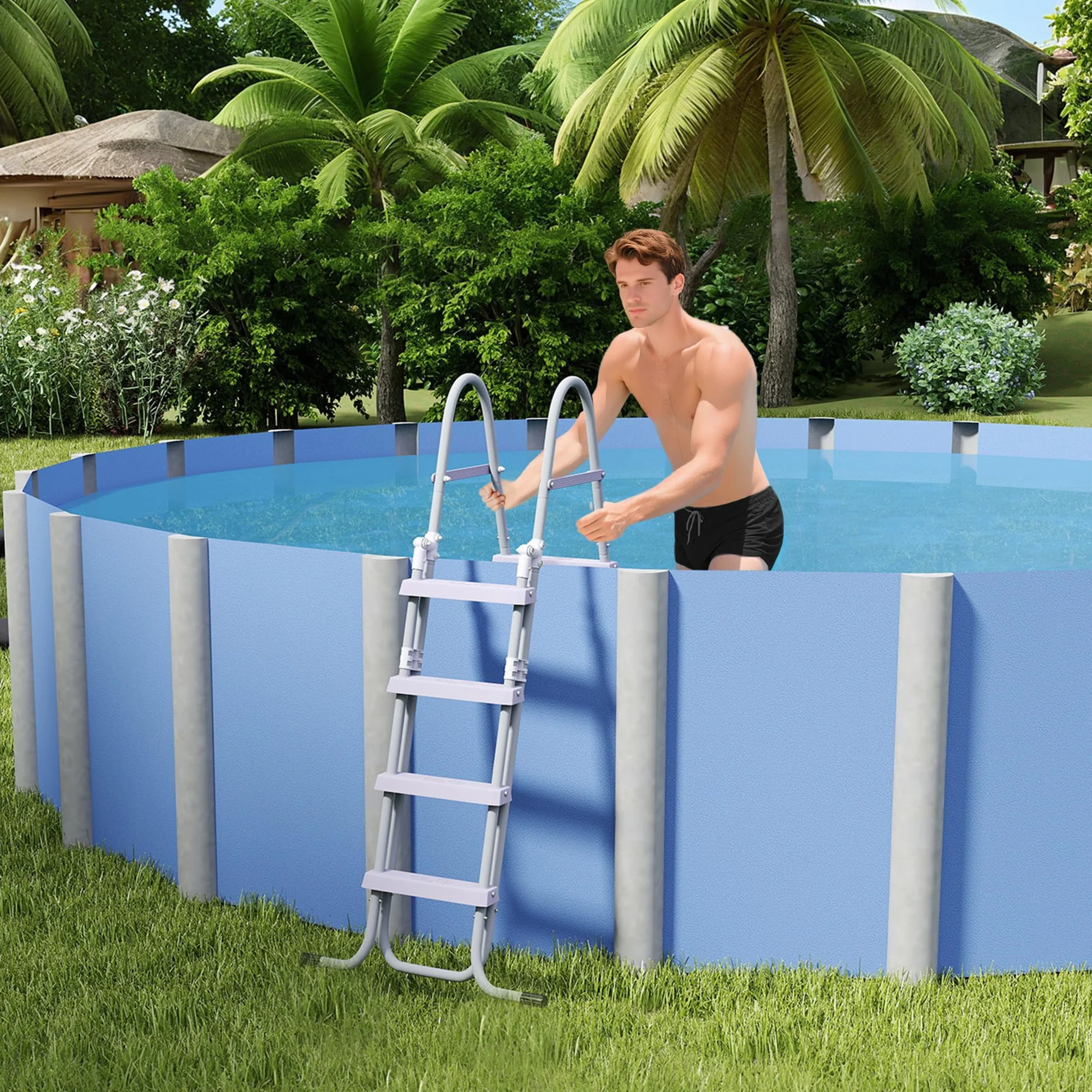 Escalera de piscina metálica 4 peldaños 130 cm 150 kg gris