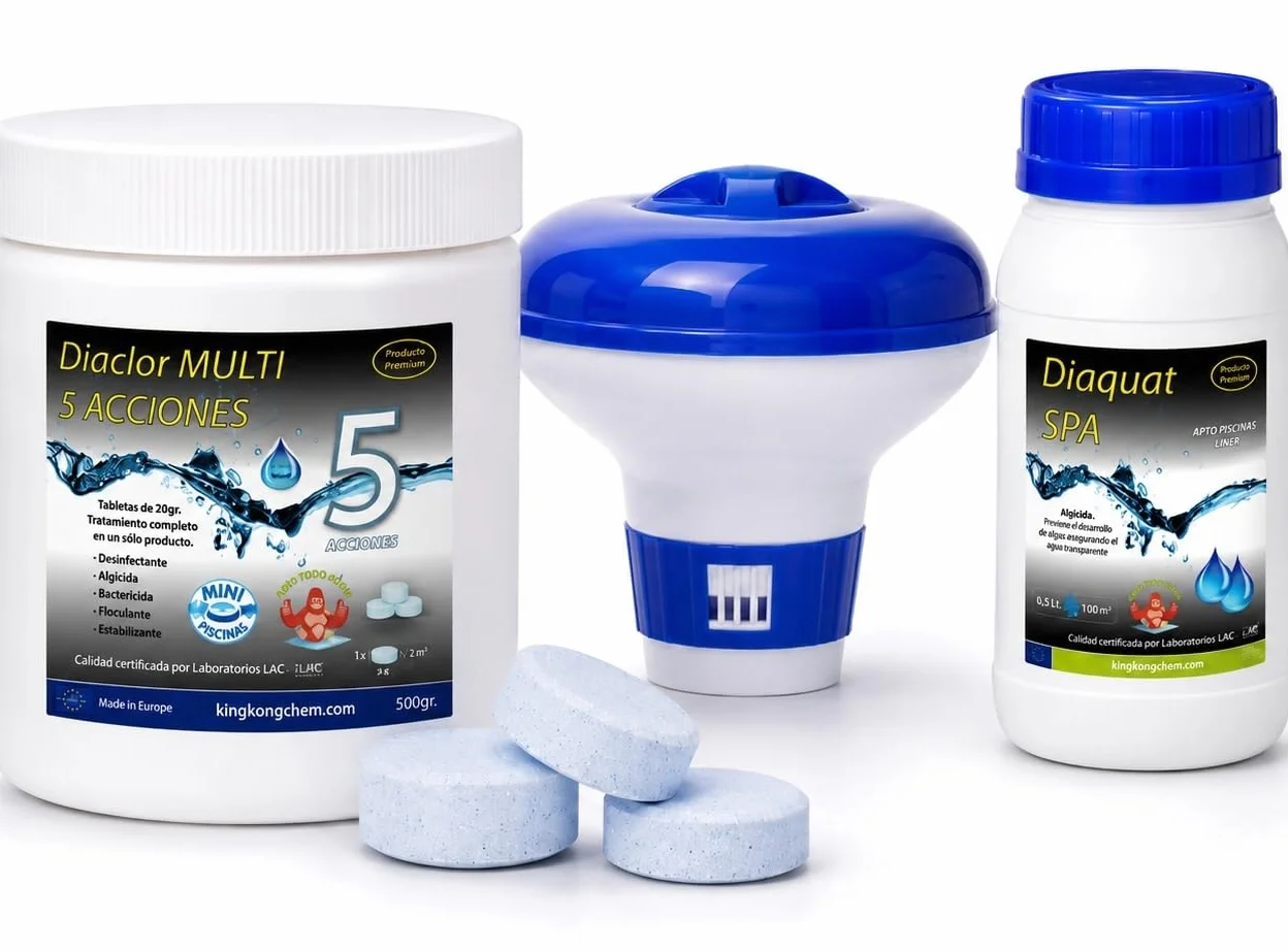DIACLOR Kit Cloro Piscinas Pequeñas Multi 5 ACCIONES 500 GR Pastillas 20 GR SIN Cobre Antialgas DIAQUAT SPA 500 ML DOSIFICADOR