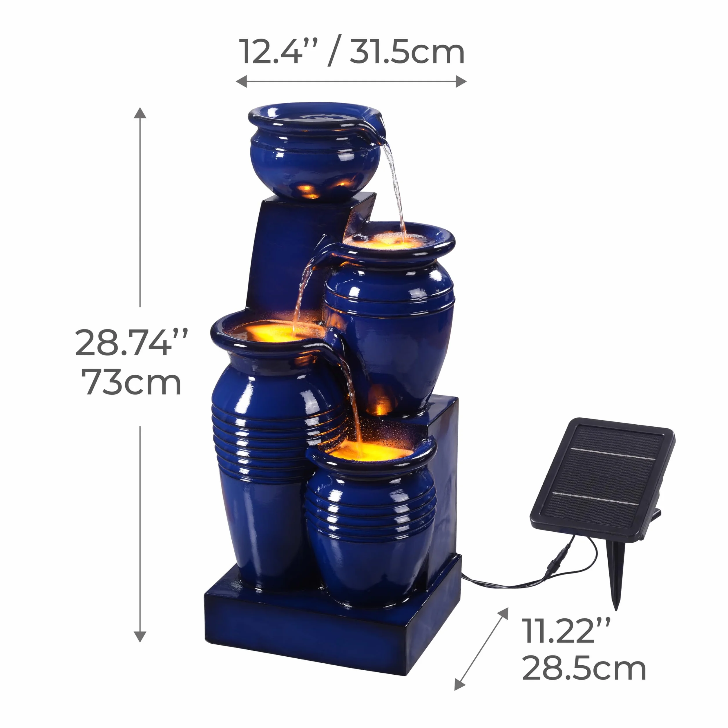 Fuente de Agua Solar en Cascada de 4 Niveles, Luces LED, 28.74", Azul Marino. Ideal para Jardines, Patios, Balcones. Marca Teamson Home.