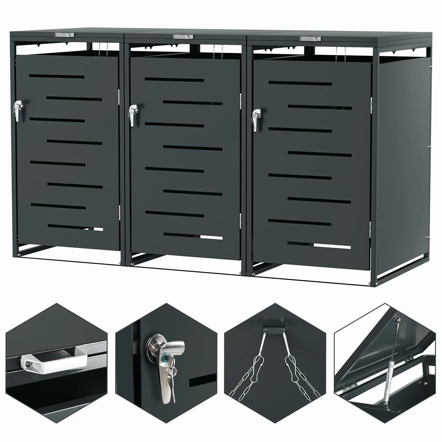 Caja para 3 cubos de basura 120L 240L acero resistente intemperie ventilación antracita
