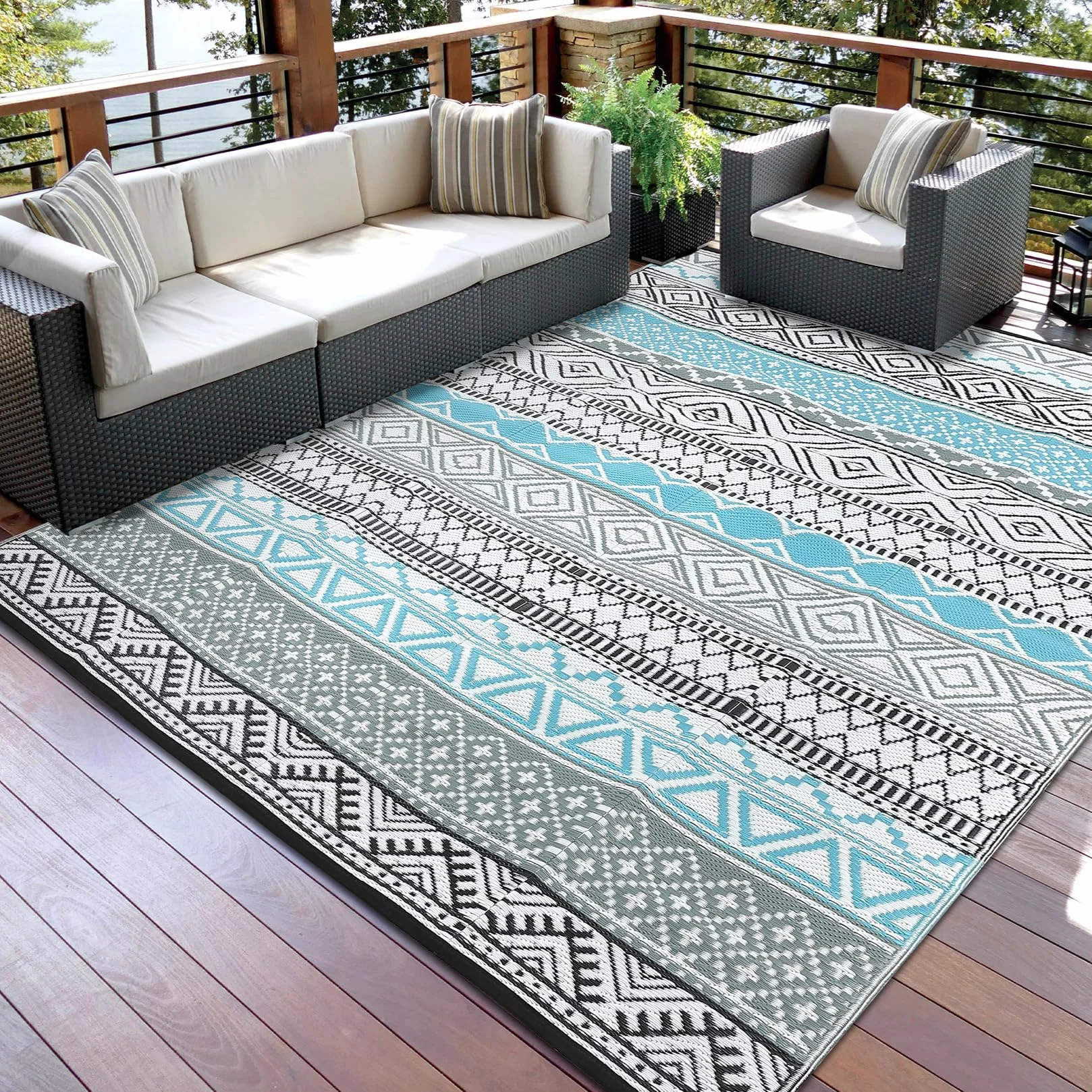 CAROMIO Alfombra exterior 120x240 cm plástico pajita impermeable reversible azul gris