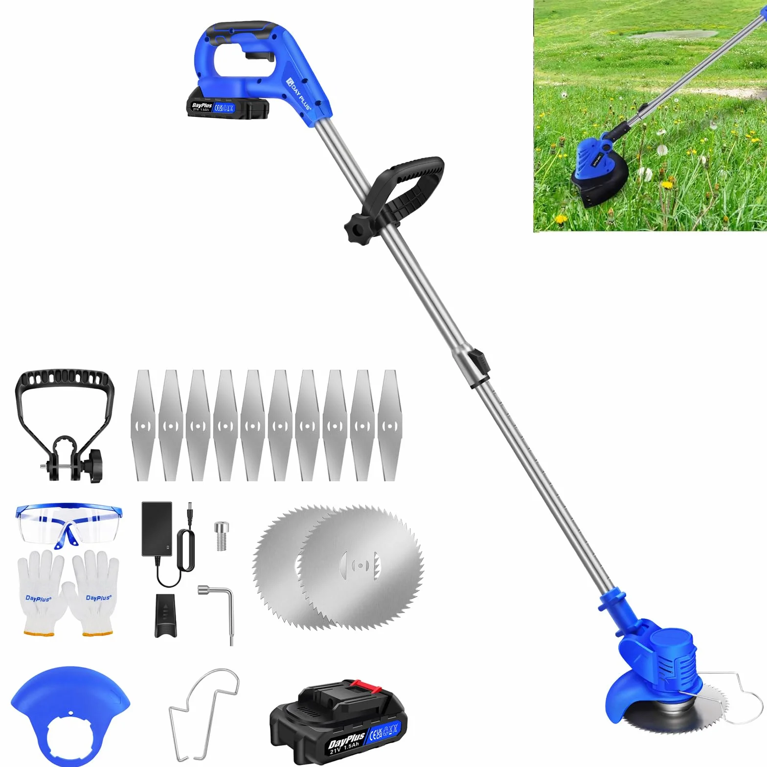 Cortacésped con batería y cargador, 21 V, 17000 RPM, cortador de bordes con 2 cuchillos rectos para alisar, 10 piezas de hierba, 2 baterías