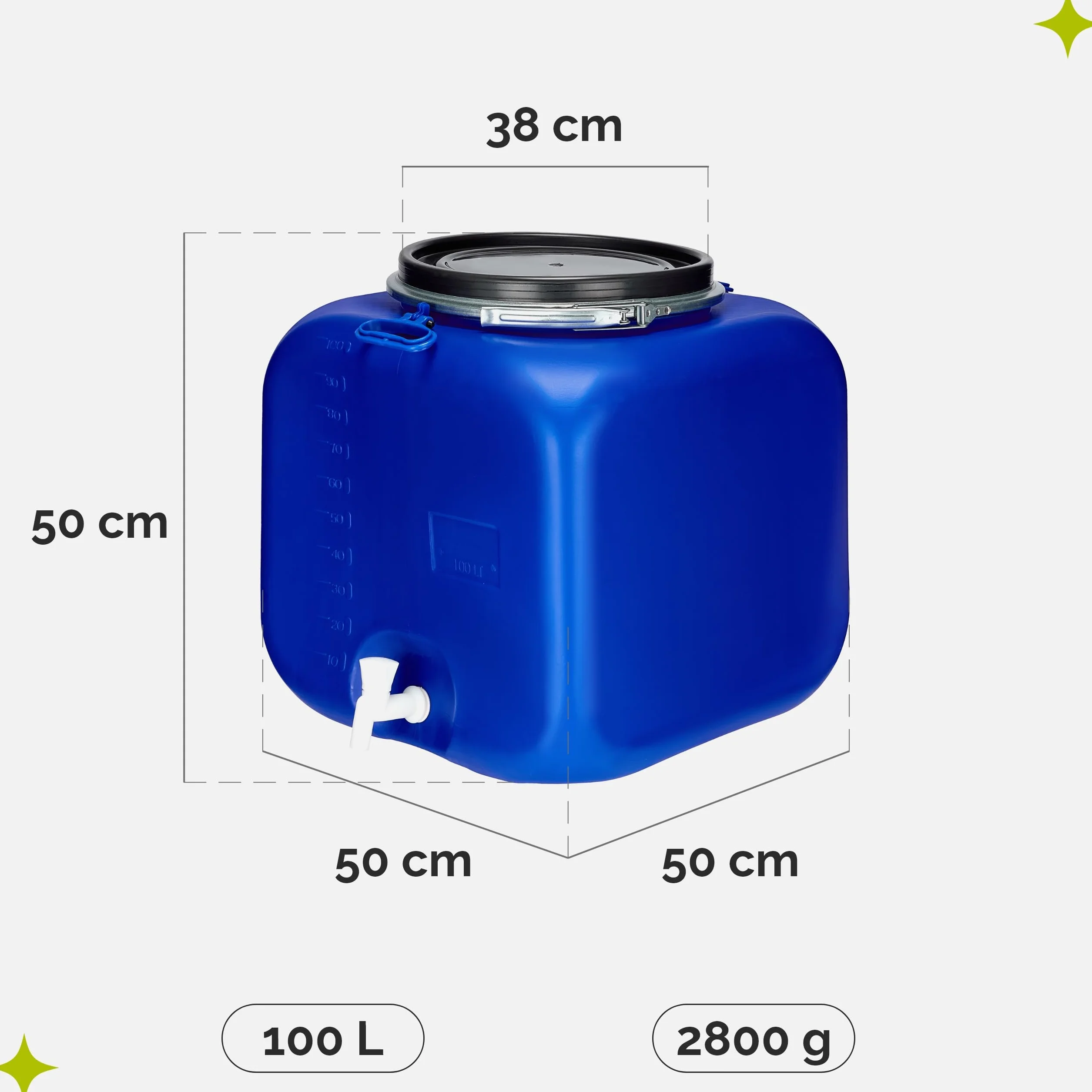 Barril de Agua de Lluvia 100 litros Cuadrado con Tapa y Grifo Boca Ancha Azul