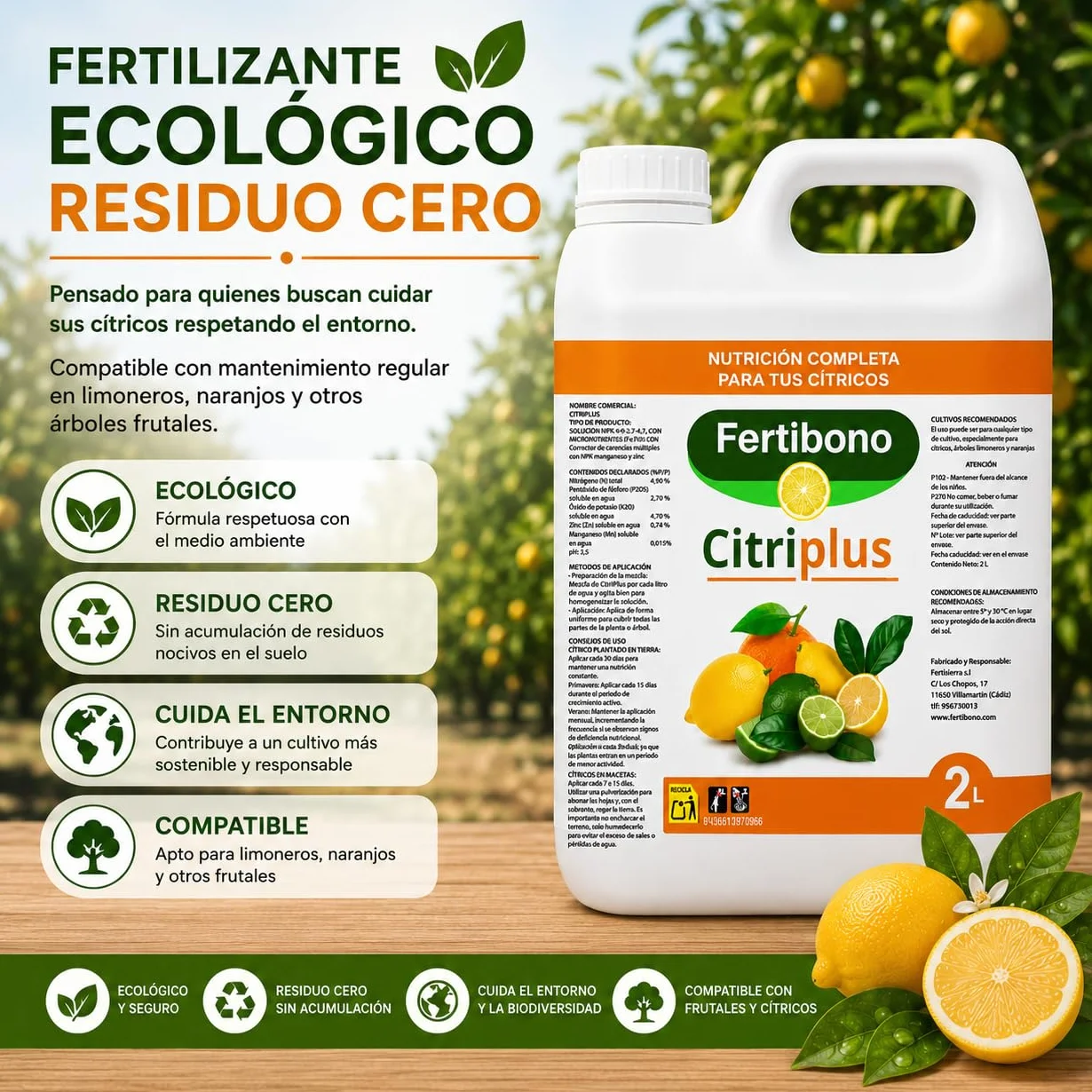 Fertibono CitriPlus Abono Cítricos 2L Rico en Hierro Zinc Magnesio NPK Ecológico