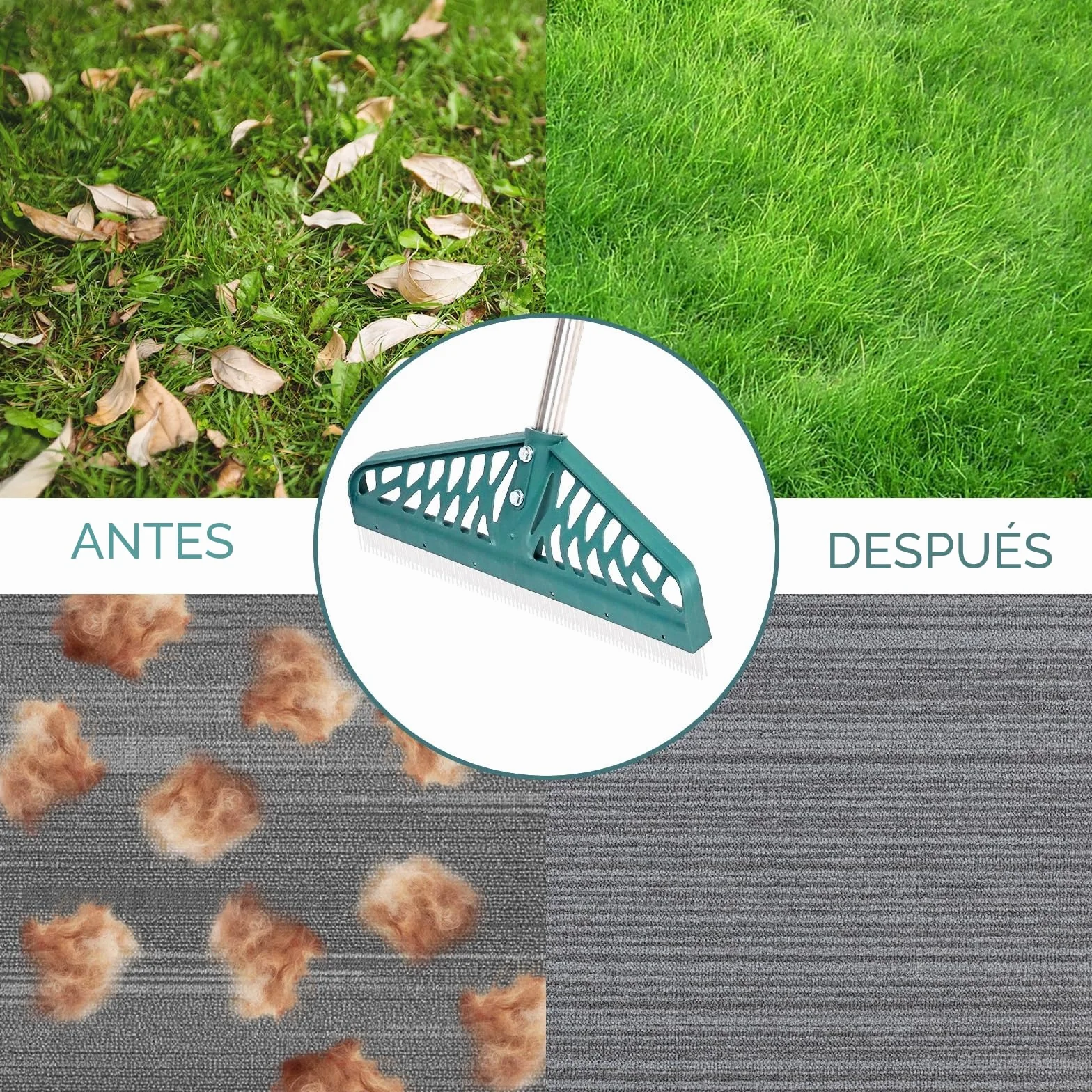 YEELOR Rastrillo de césped artificial con mango de acero ajustable 32-61 pulgadas para limpiar pelo de mascotas y hojas
