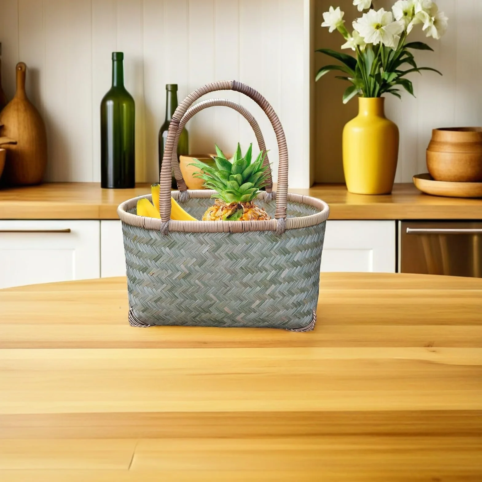 MAGICLULU Cesta Tejida De Bambú Pequeña para Picnic y Almacenamiento Cesta Multiusos Portátil Color Aleatorio 31x21x16 Cm para Jardín y Patio Al Aire Libre
