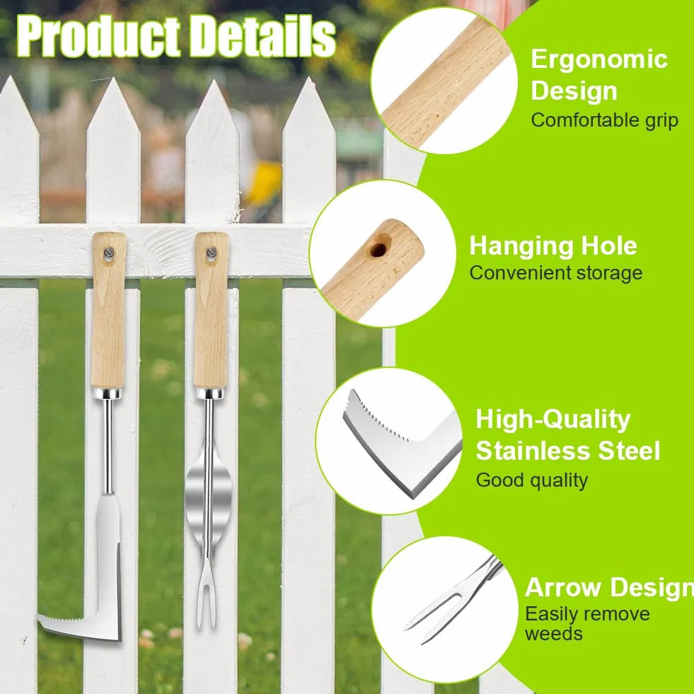 Desherbador Manual 3 Piezas Acero Inoxidable Kit Jardinería Mango Madera