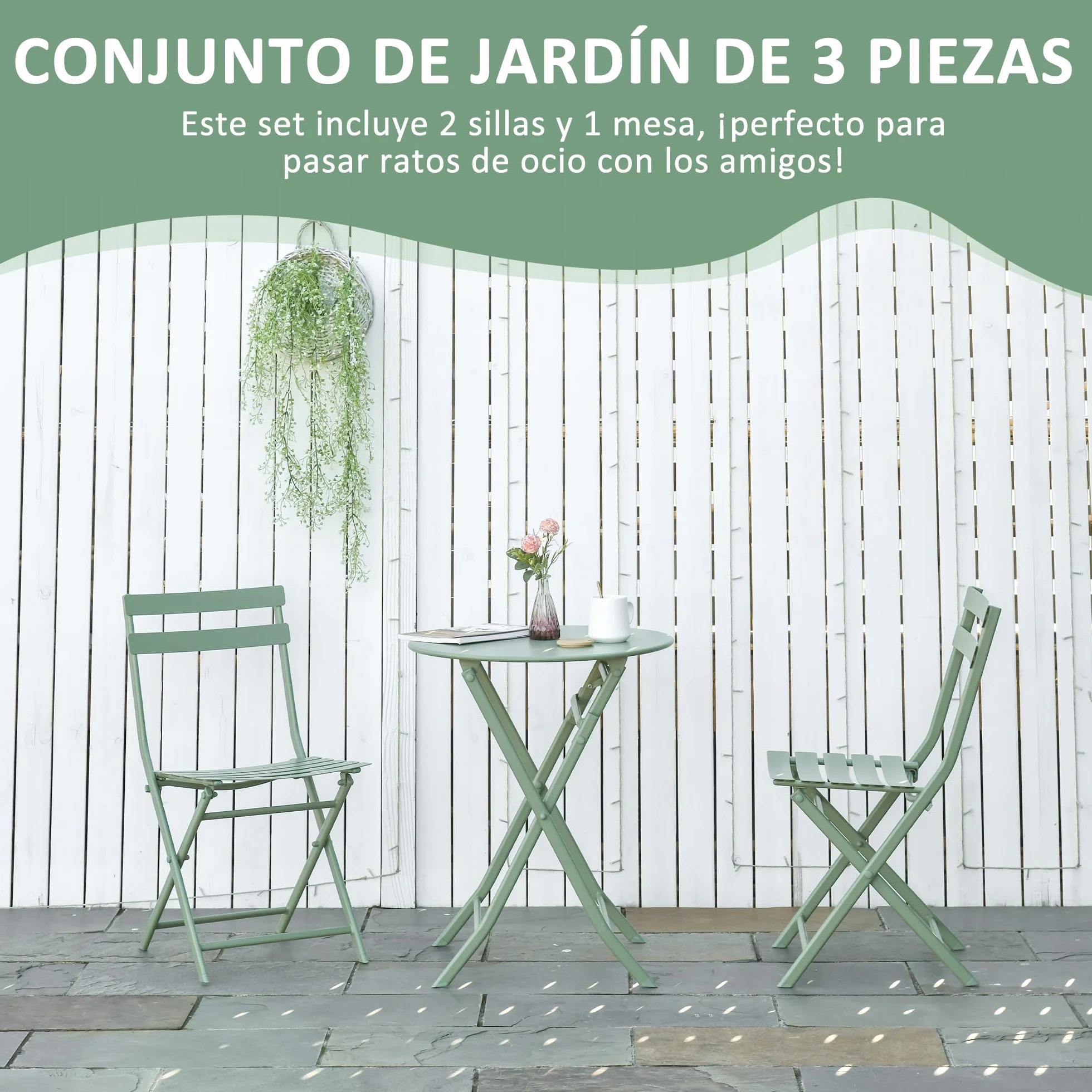 Outsunny Conjunto de Muebles de Jardín Plegable 1 Mesa Redonda y 2 Sillas con Marco de Acero Verde Oscuro