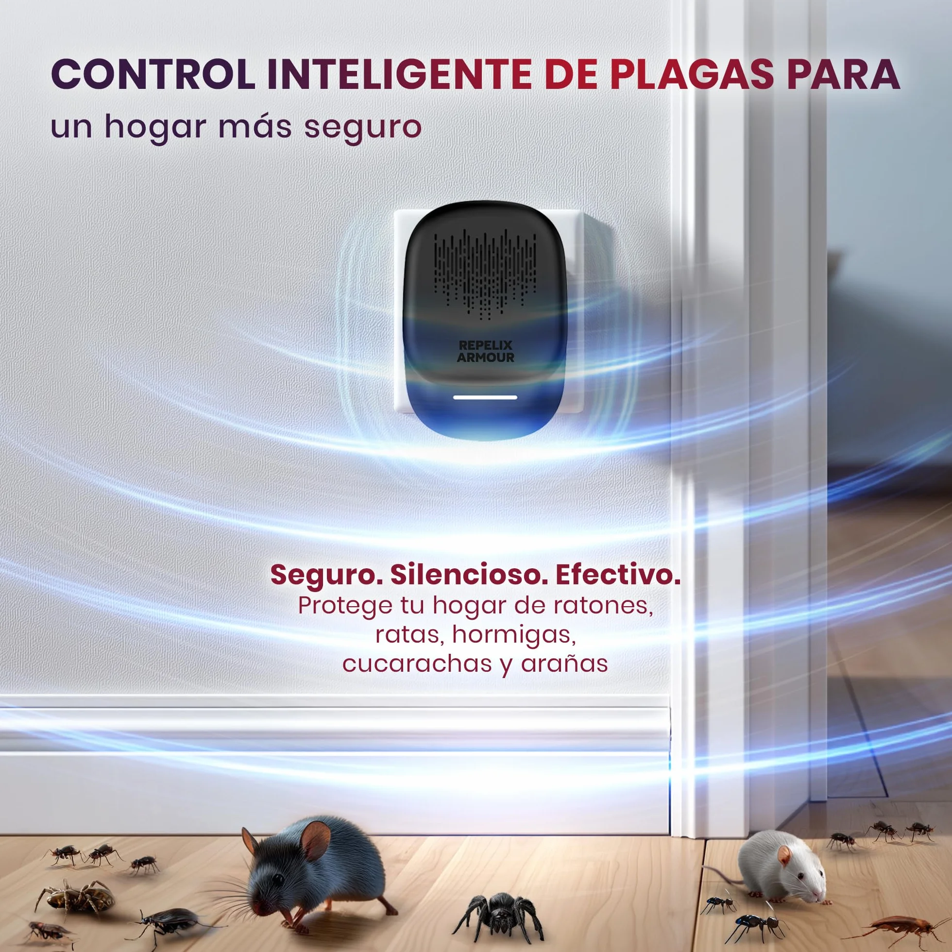 Repelente ultrasónico de plagas para Interiores Pack de 2 140m² 3 Modos