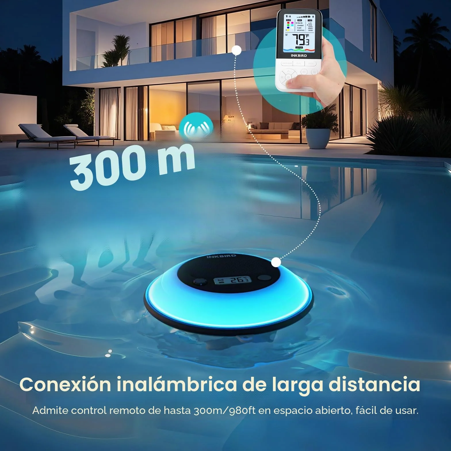 Inkbird IBS-P05R Termómetro Piscina Solar con 7 Luz Colorida, IP68, Sensor Automático, Mando a Distancia