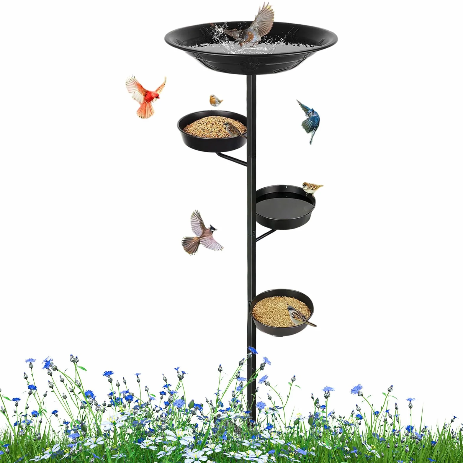Pila o Baño para Pájaros de Metal con Estacas, Múltiples Niveles, Elegante | y Bebedero para Aves Silvestres de Exterior para Jardín, Patio, Terraza y