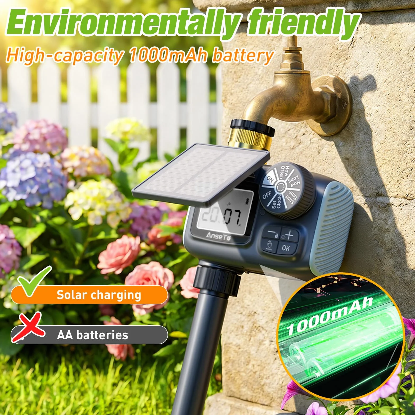 Temporizador de Riego Automático LCD con Carga Solar y Tipo C para Jardín