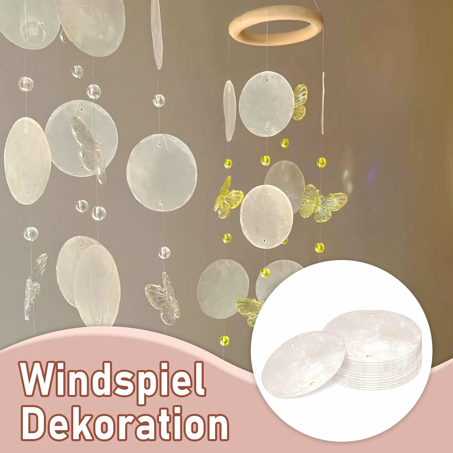 Cuentas de Concha Blanca 100 Piezas Discos Redondos de Nácar Colgante Carillón de Viento Retro con Dos Agujeros para Cortinas Decoración del Hogar