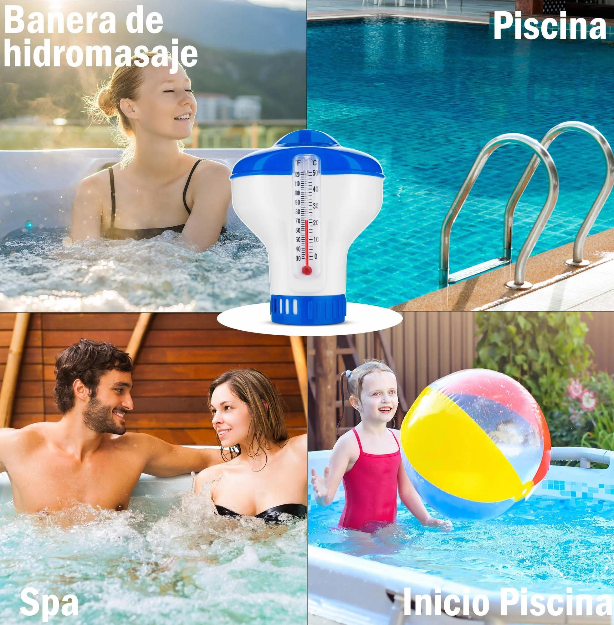 Dispensador de Cloro Flotante con Termómetro Integrado para Piscinas, Jacuzzis y Spas