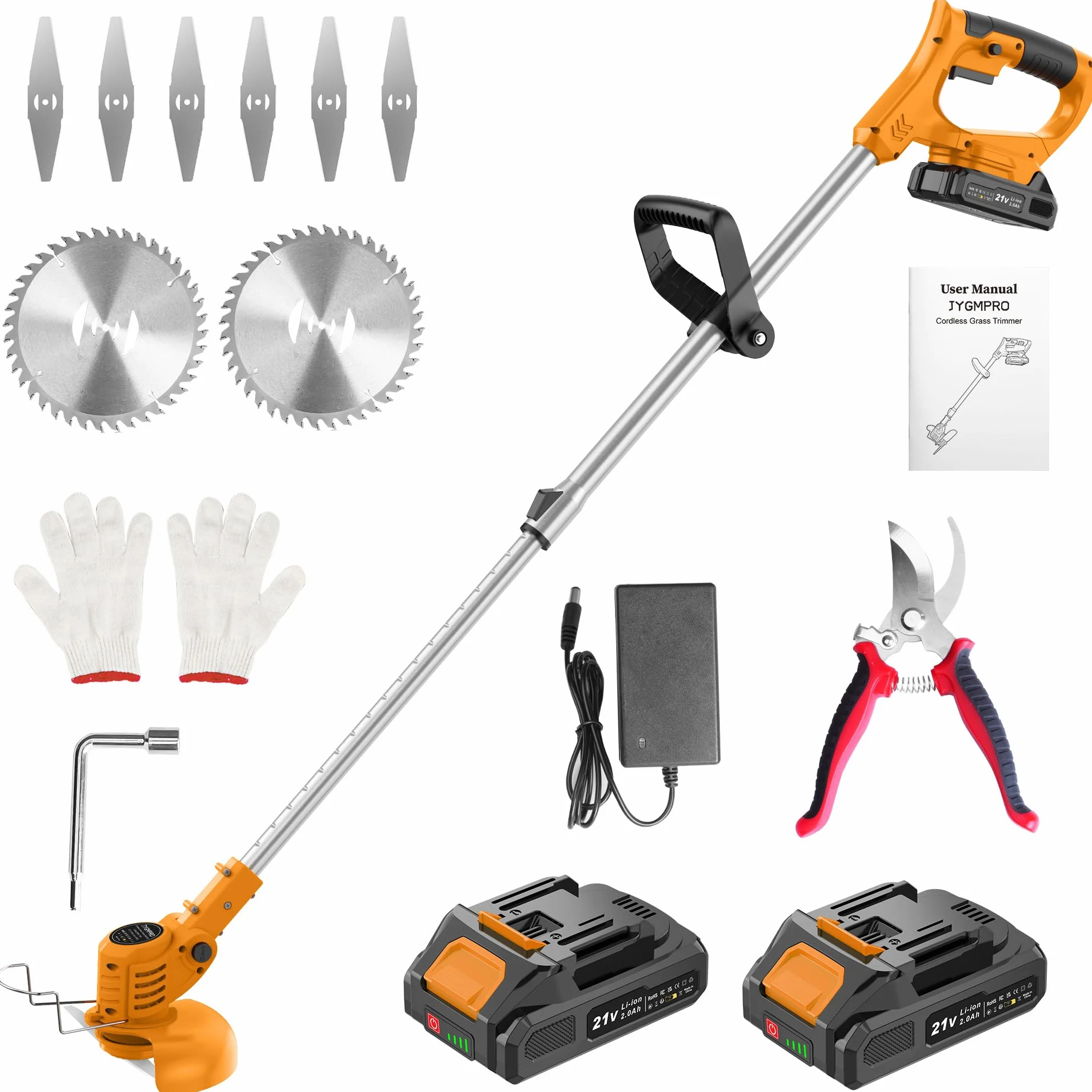 Desbrozadora Batería Electrica - Recortadora de Cortabordes Bateria, Cortadora Césped Portátil para Exteriores, Longitud Retráctil, 2 Baterías de 21V y 2.0Ah, para Recortar Césped y Arbustos