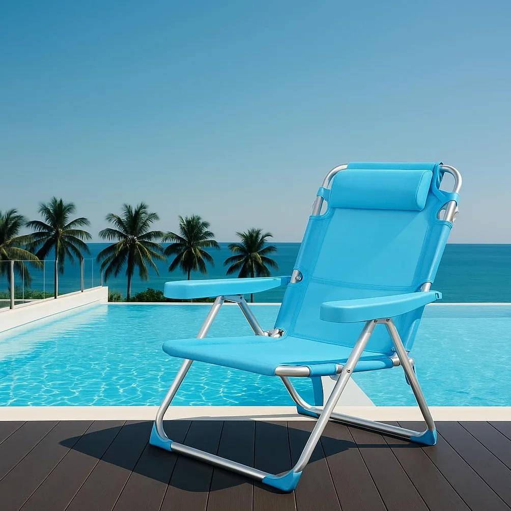 Silla Playa Plegable Metal Tela Textileno 48x62x85 cm Multiposiciones Reclinable Azul Turquesa