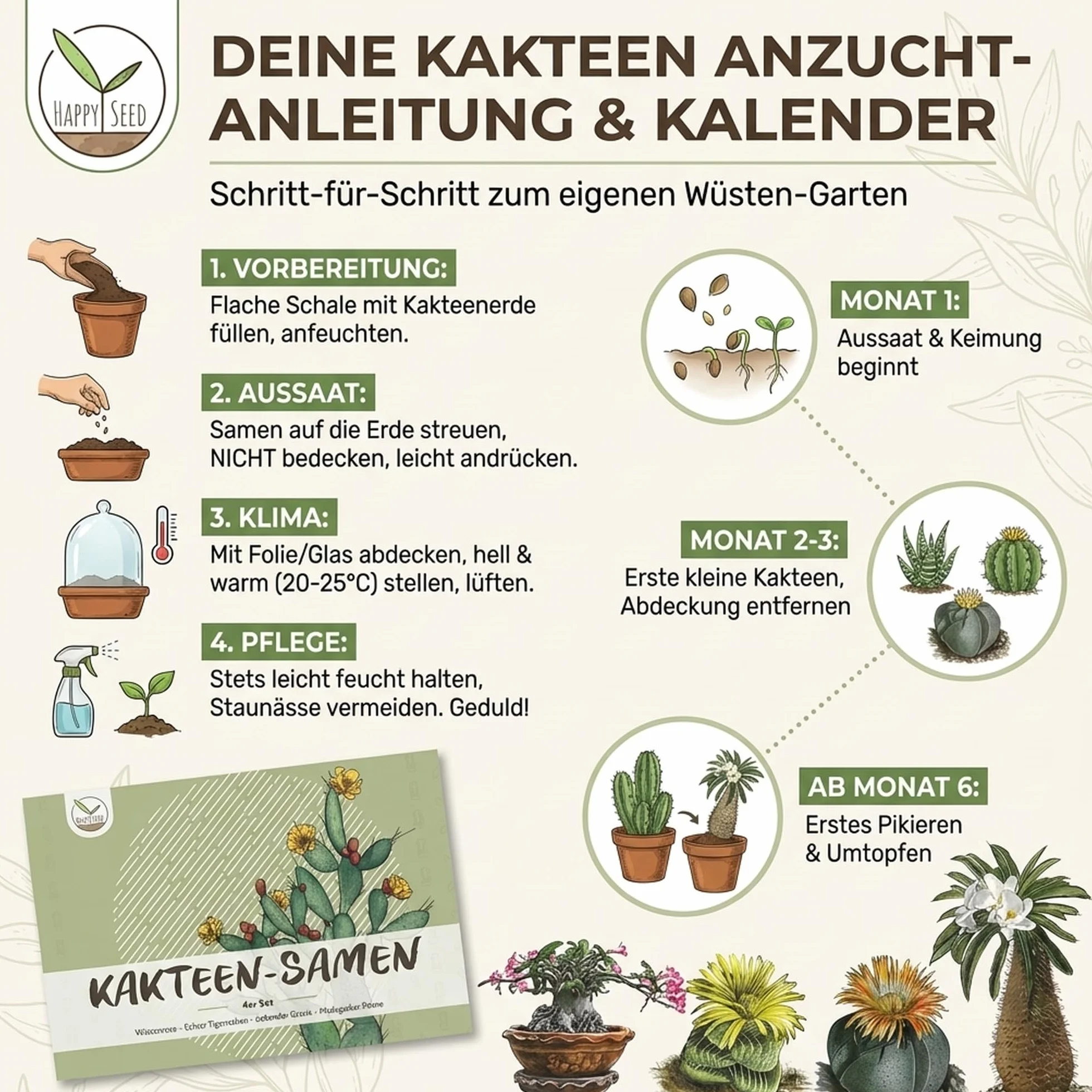 Semillas de cactus exóticas para floración - Set de 4 semillas suculentas