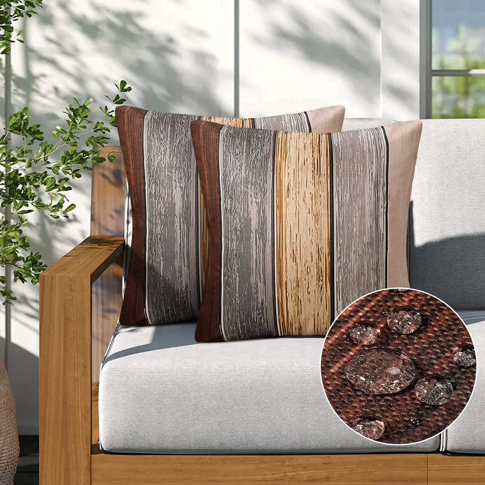 Fundas de Almohada 45x45 Exterior Impermeable Poliéster Marrón Gris Textura Madera Juego de 2
