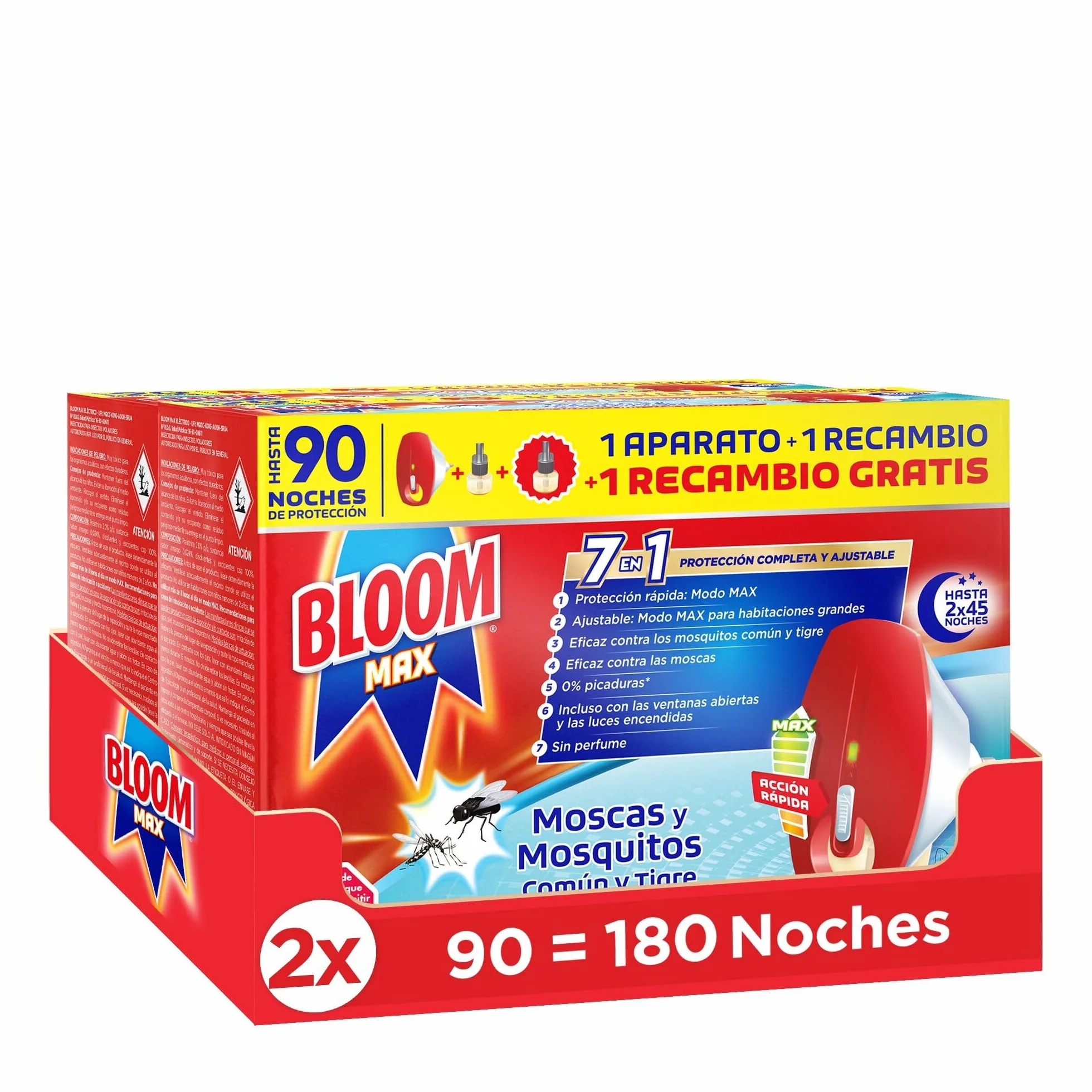 Bloom Max Insecticida Eléctrico Líquido Antimosquitos 7en1, 2 Aparatos + 4 Recambios, 180 Noches de Protección