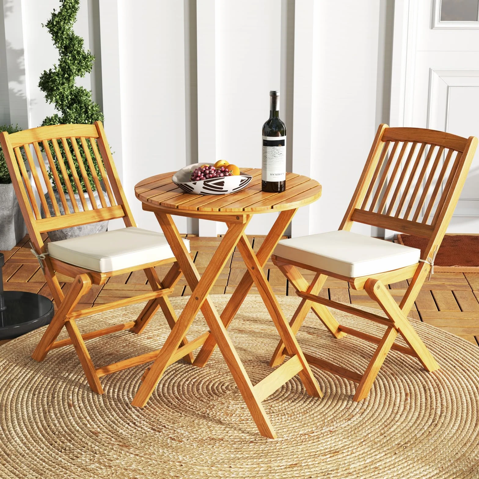 GIANTEX Set de Bistró Plegable 3 Piezas, Mesa y Sillas Terraza Madera Acacia con Cojines Removibles, Muebles Exterior Beige