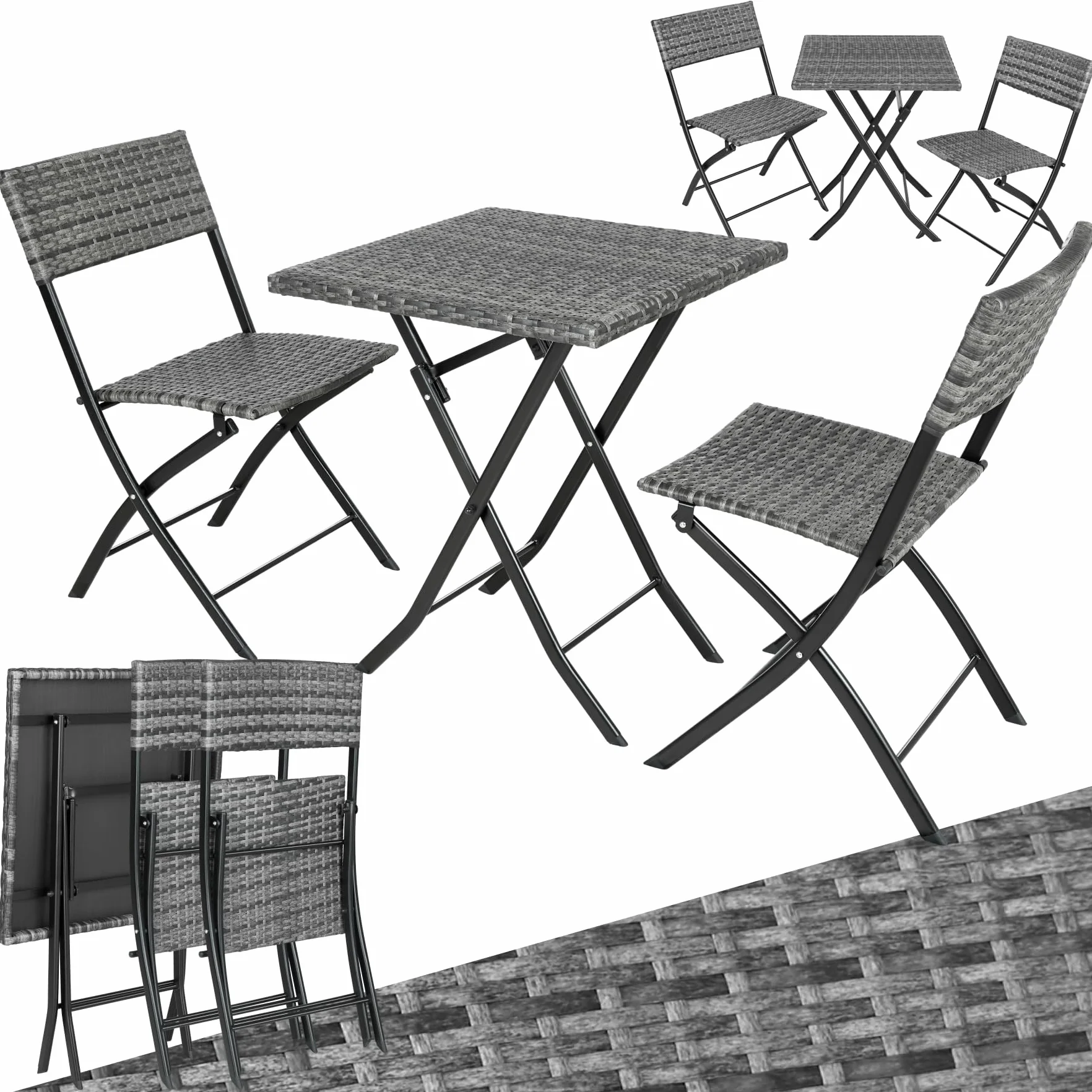 tectake Conjunto Jardín Exterior de Ratán y Acero para 2 Personas, Muebles Resistentes a Intemperie, Plegable, Gris