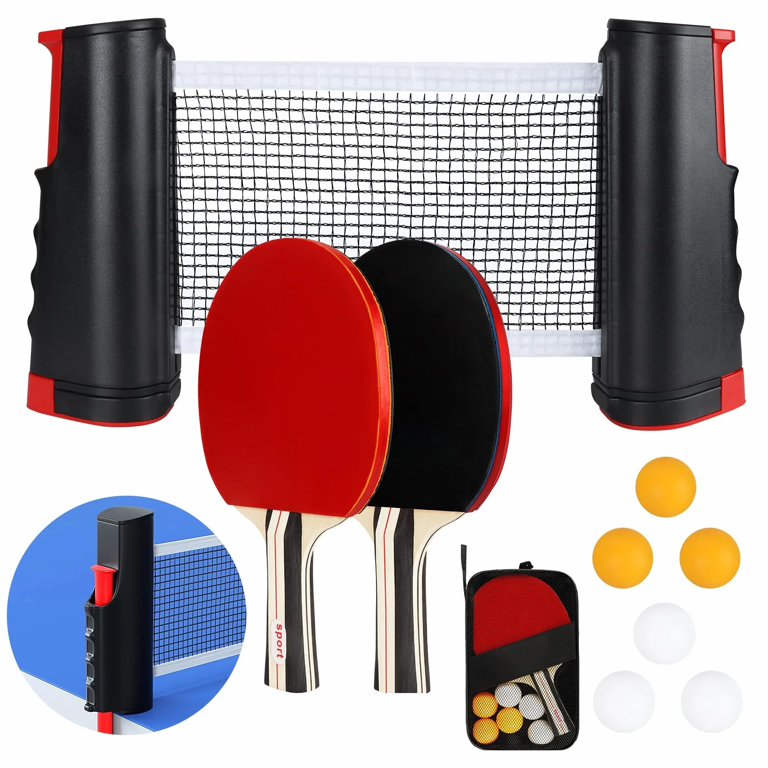 Set de Ping Pong Portátil 2 Raquetas 6 Pelotas Red Retráctil Bolsa Transporte