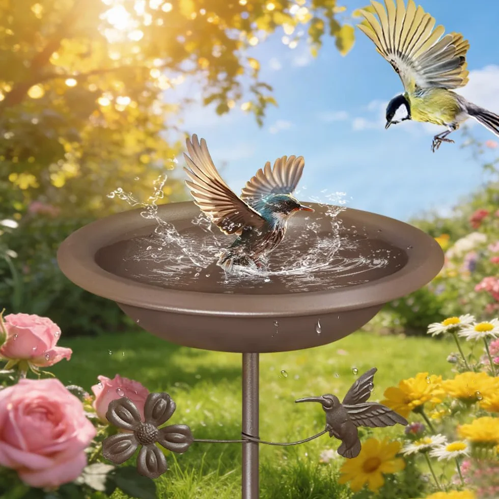 Bseical Bebedero para pájaros de pie, baño para pájaros exteriores, cuenco de metal resistente al invierno