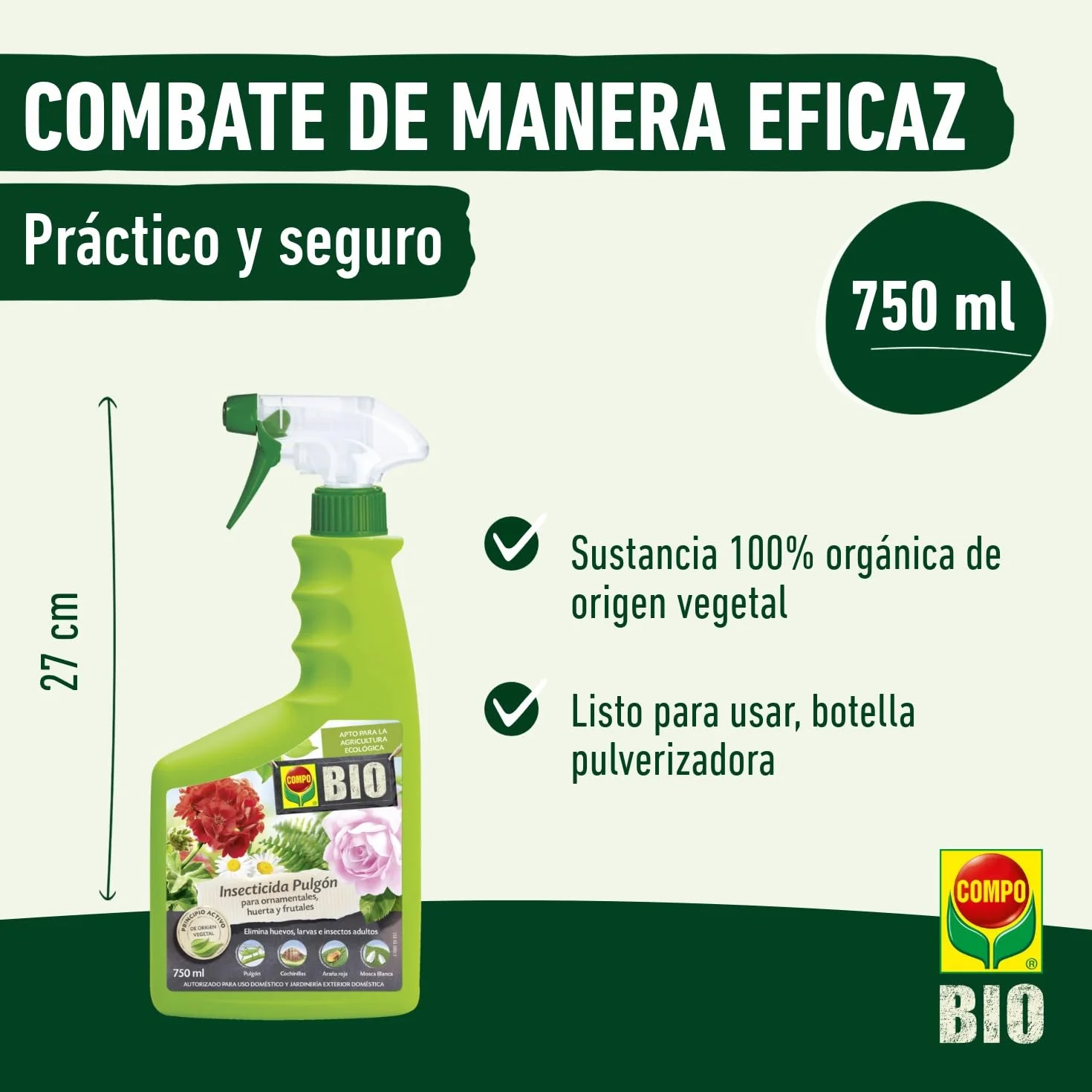 COMPO BIO Insecticida Pulgón 750 ml, Apto para agricultura ecológica, Pulverizador
