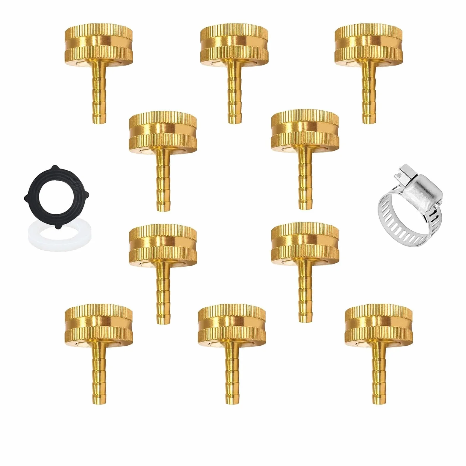 AOPANDA Conector de reparación de extremo de manguera de agua de latón macizo de 3/8 pulgadas x 3/4 pulgadas, incluye abrazaderas y juntas de acero inoxidable (10 unidades)